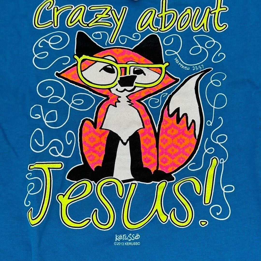 Kerusso Kids Medium Crewneck Blue Printed Fox & Crazy About Jesus T-Shirt NWT