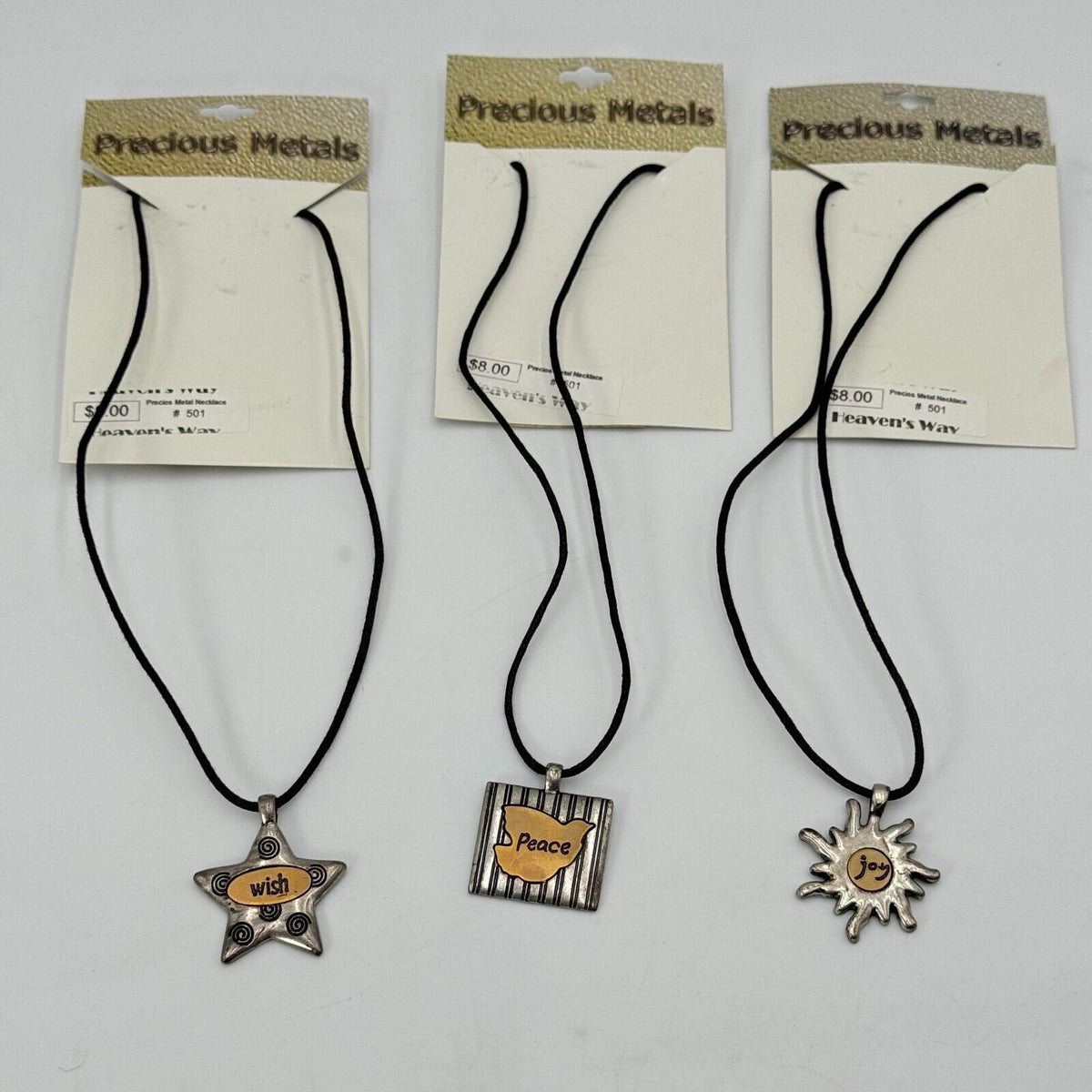 Lot of 3 Adjustable 16-18 in Necklaces Black Star Wish Square Dove Peace Sun Joy