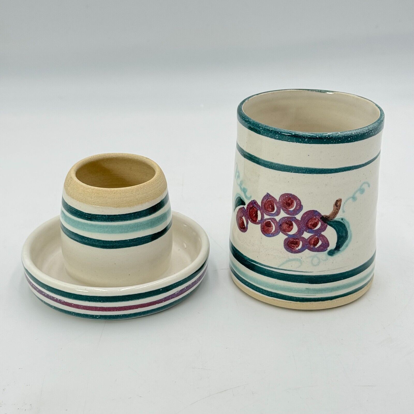 Unique Ceramic Jar With Butter Bell Lid Painted Green Stripes & Red Grapes RARE