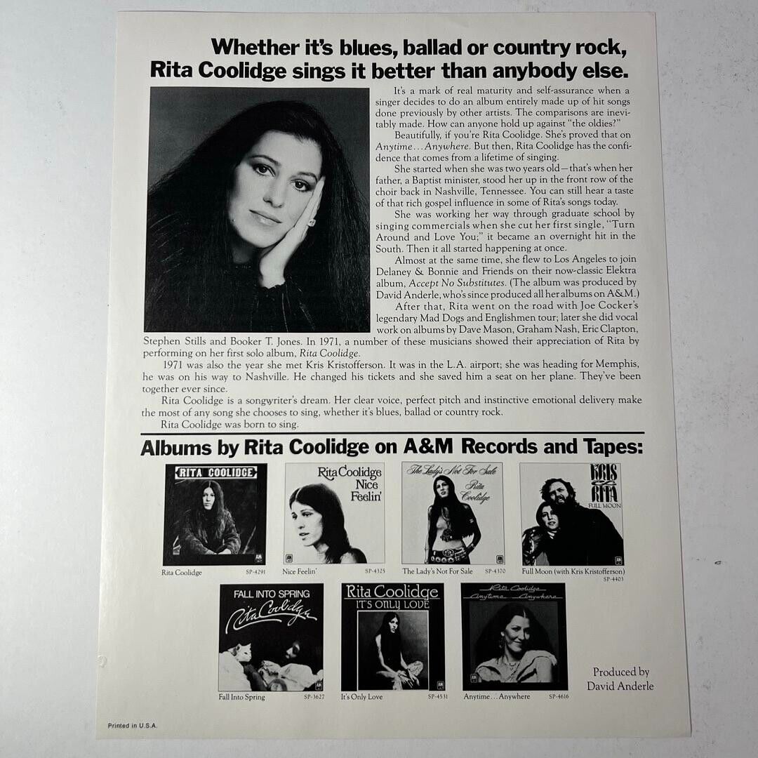 Rita Coolidge – Anytime... Anywhere 2 Vinyl LP A&M Records 1977 POP ROCK MUSIC