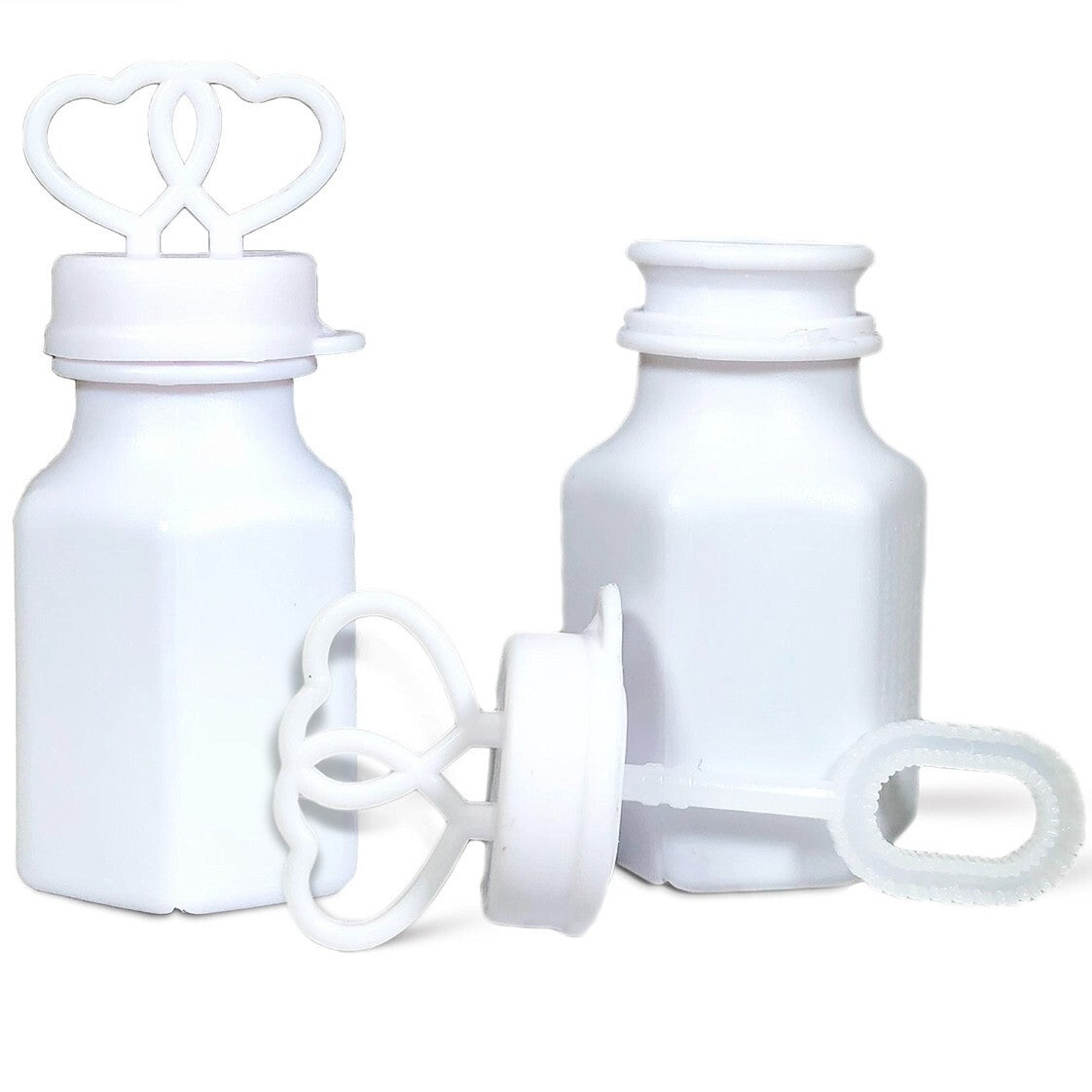12pk Double Heart Bubbles Mini White Plastic Bottles & Wand Party Decor NIB