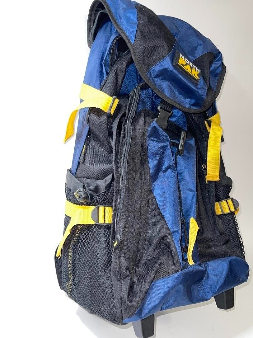 NorthPak Durable Outdoor Travel  Blue Multipocket Rolling Backpack Adjustable