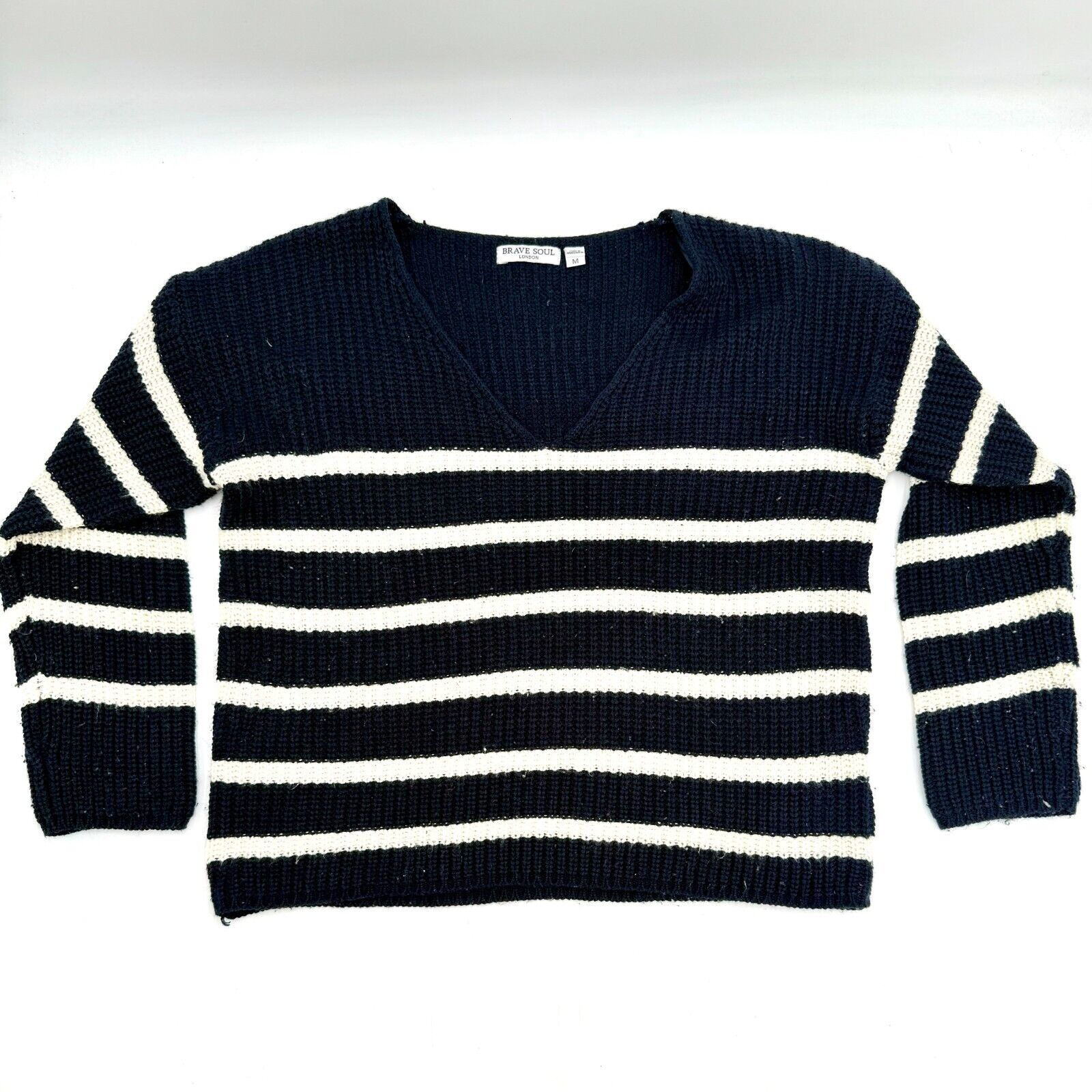 Brave Soul London Womens Vneck Knit Pullover Striped Sweater Navy Blue Size M