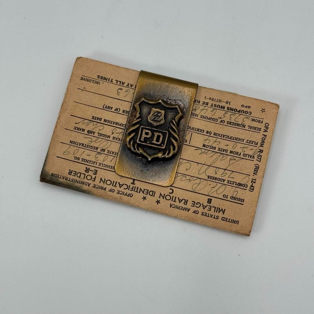 WWII 1945 Fuel Voucher Mileage Rations ID Card Brass PD Money Clip US History