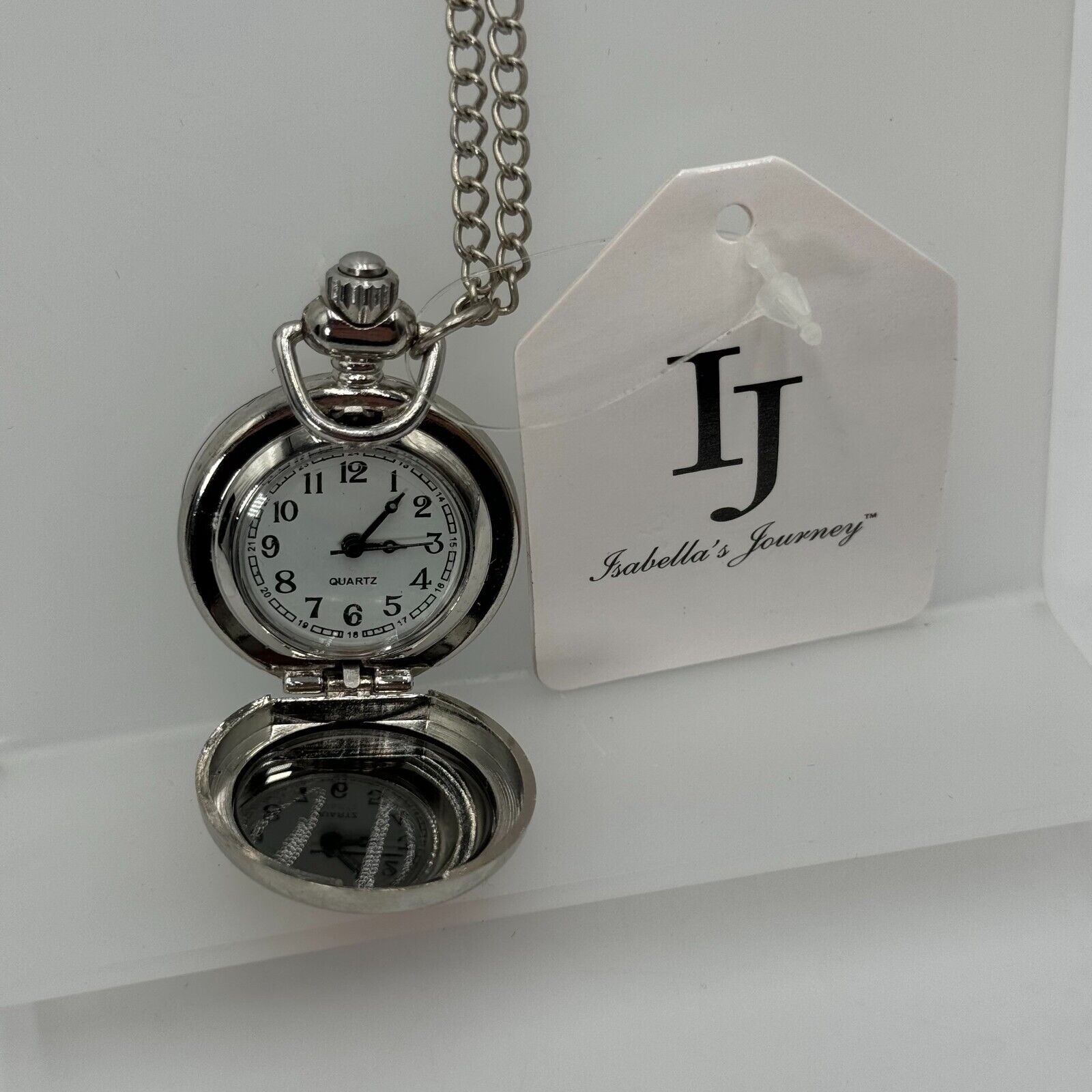Isabellas Journey Silver Pocket Watch Necklace 28in Adjustable Chain Rose Christ