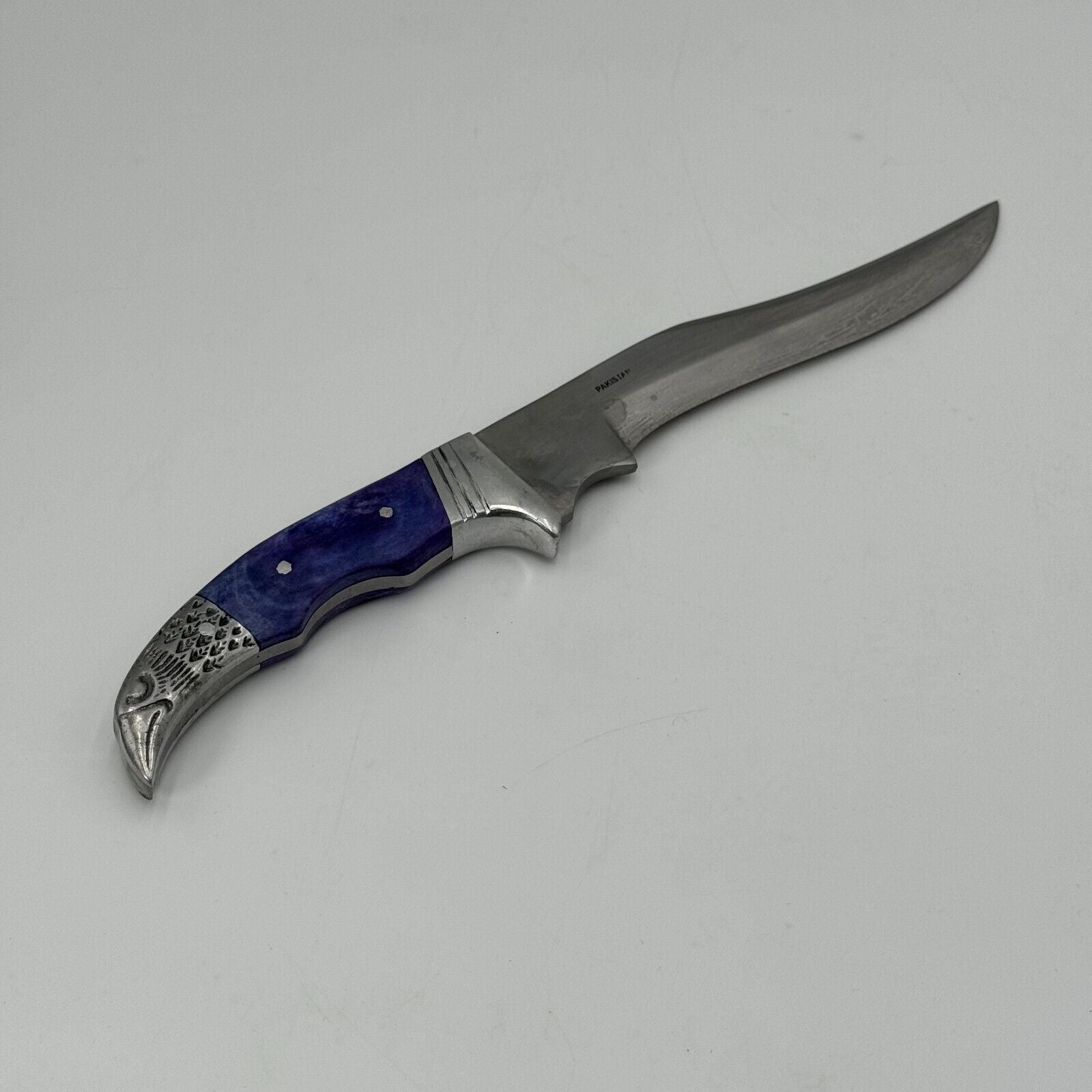 Pakistan Stainless Steel 6in Curved Fixed Blade Hunting Knike Eagle Carved Blue