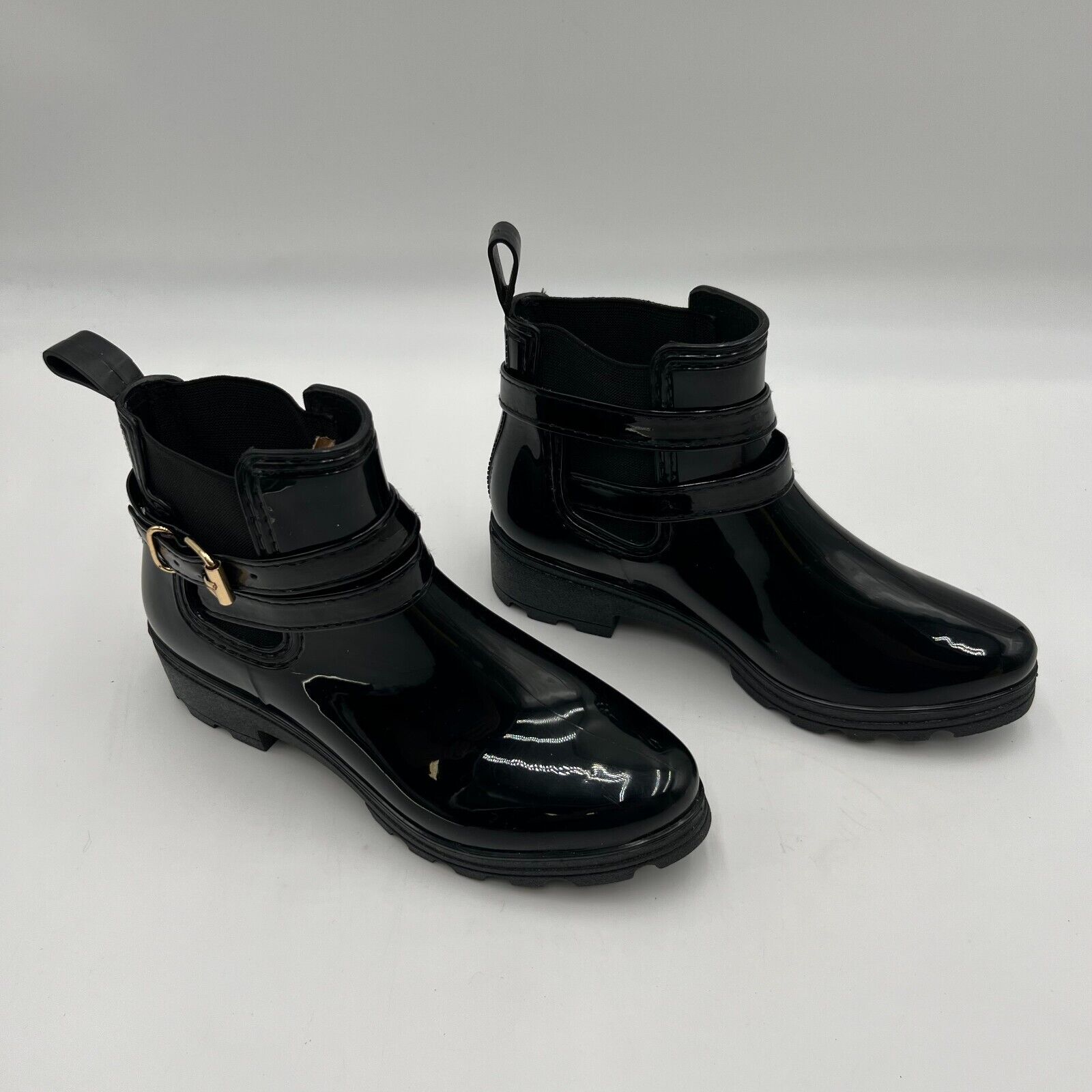 Women’s Non-Slip Black Platform Style Ankle Rain Boots Buckle Trendy Size 8/XL
