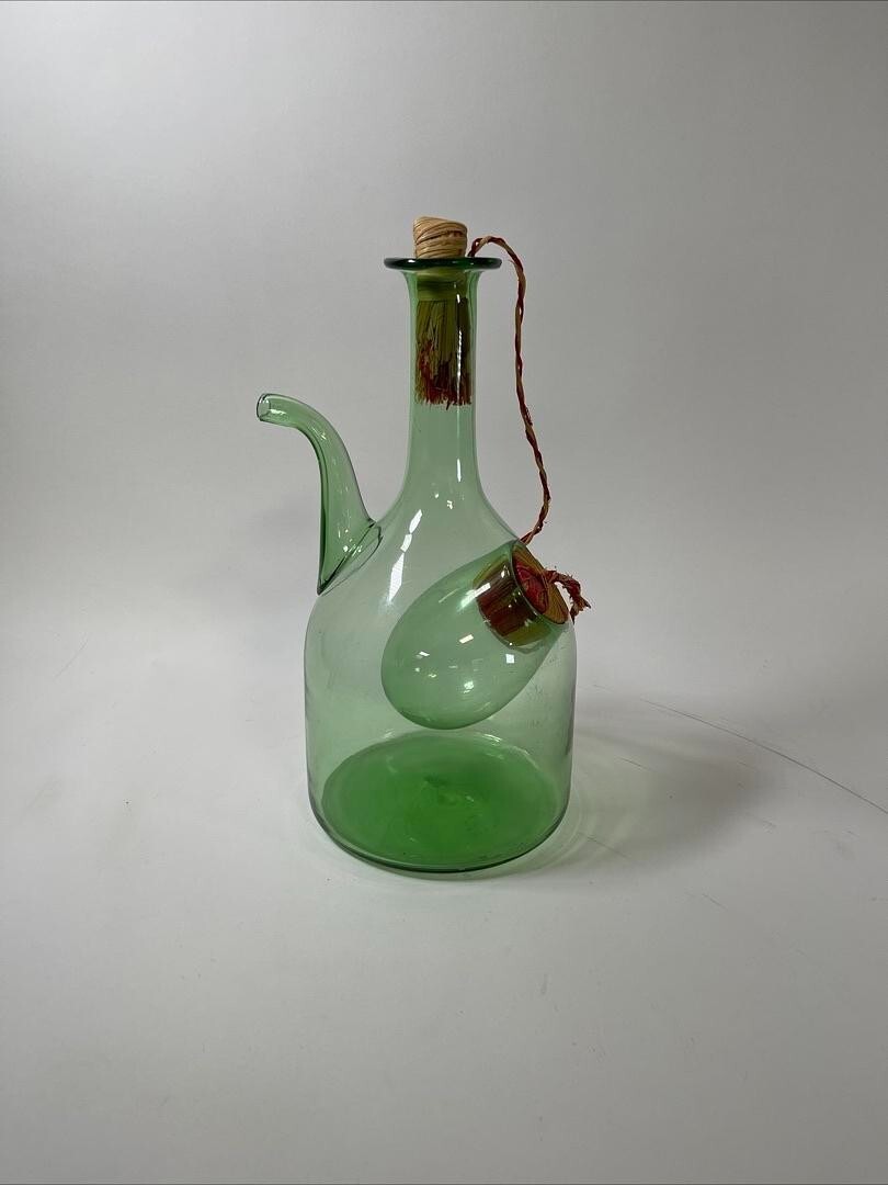 Vintage Large Hand Blown Green Glass Italian Wine Decanter with Ice Chamber