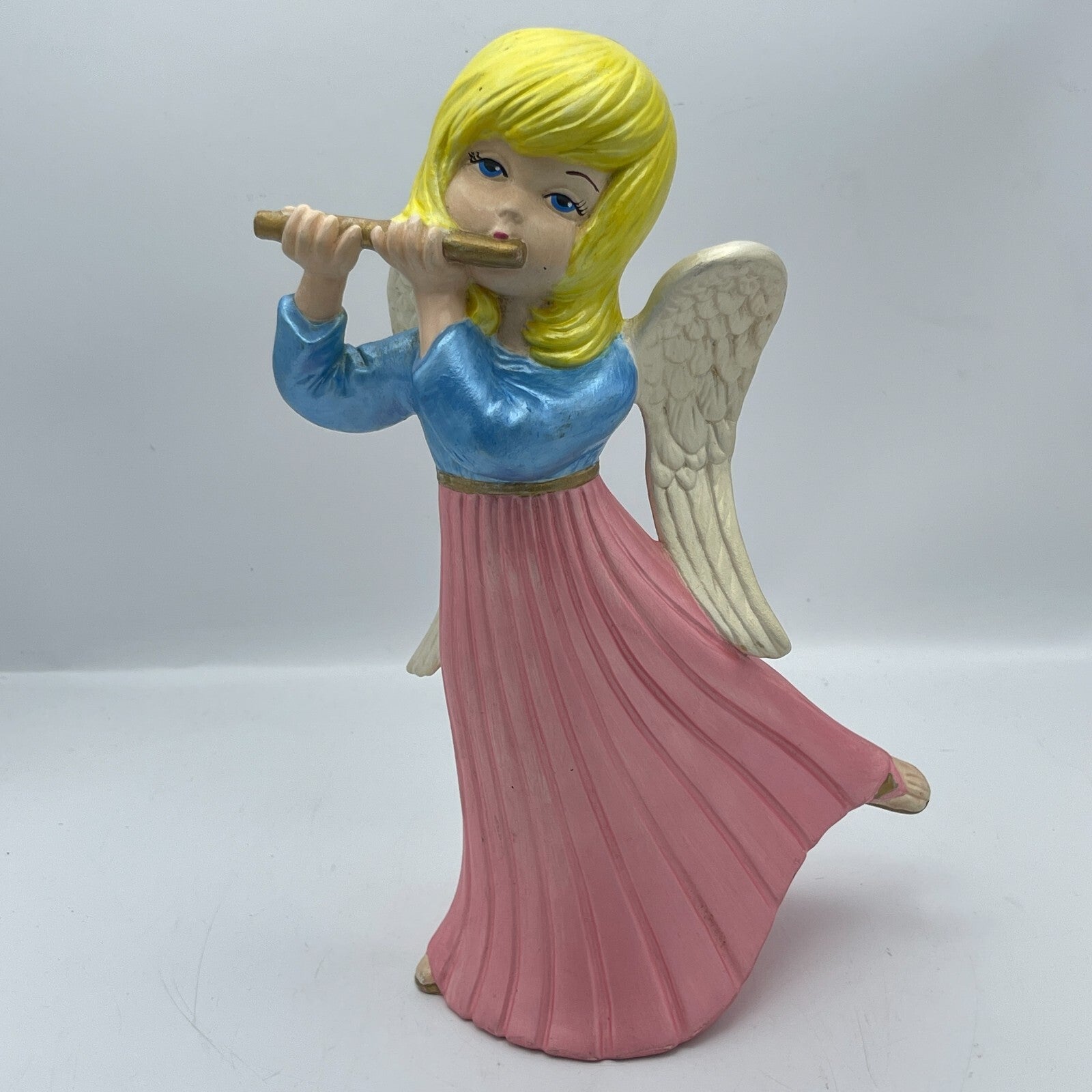 Atlantic Mold Blue 12” Pink Christmas Angel Playing Flute Blonde