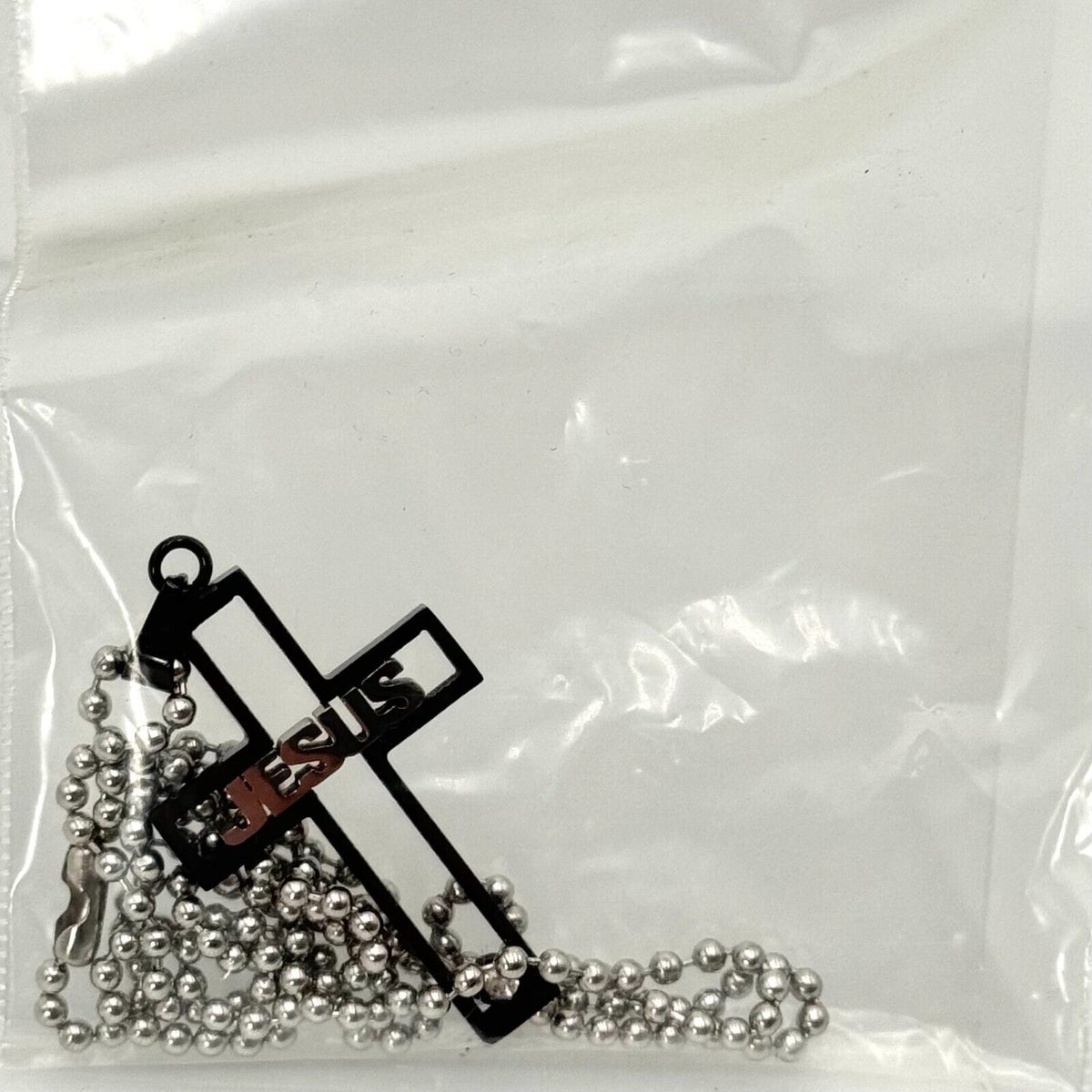 2 Jesus Cut Out Cross Black & Silver Pendant Diamond Gem 22" Chain Christian NEW