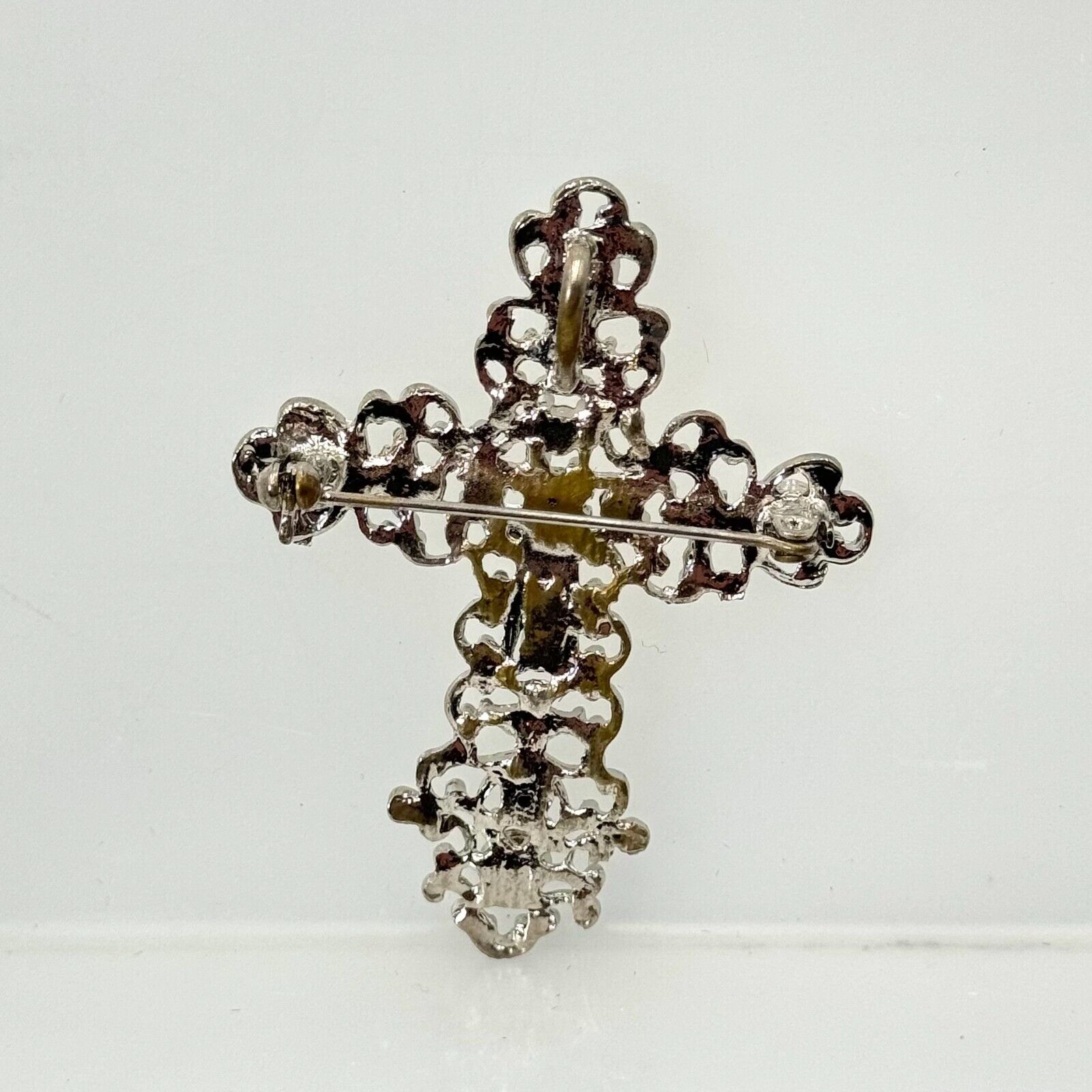 Catholic Christian Cross Crucifix  Italian Crystal Inlaid Silver Brooch Pin New