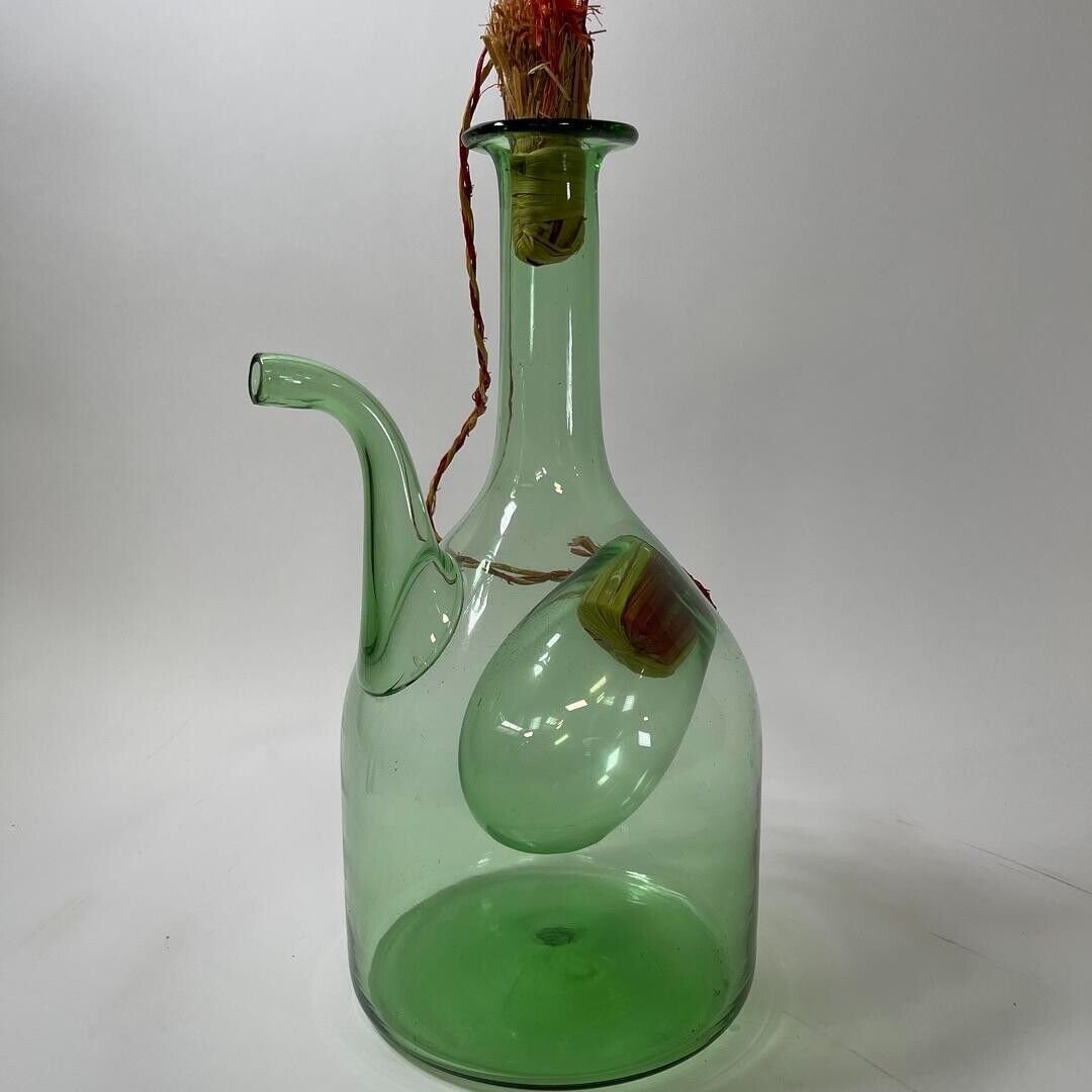 Vintage Large Hand Blown Green Glass Italian Wine Decanter with Ice Chamber