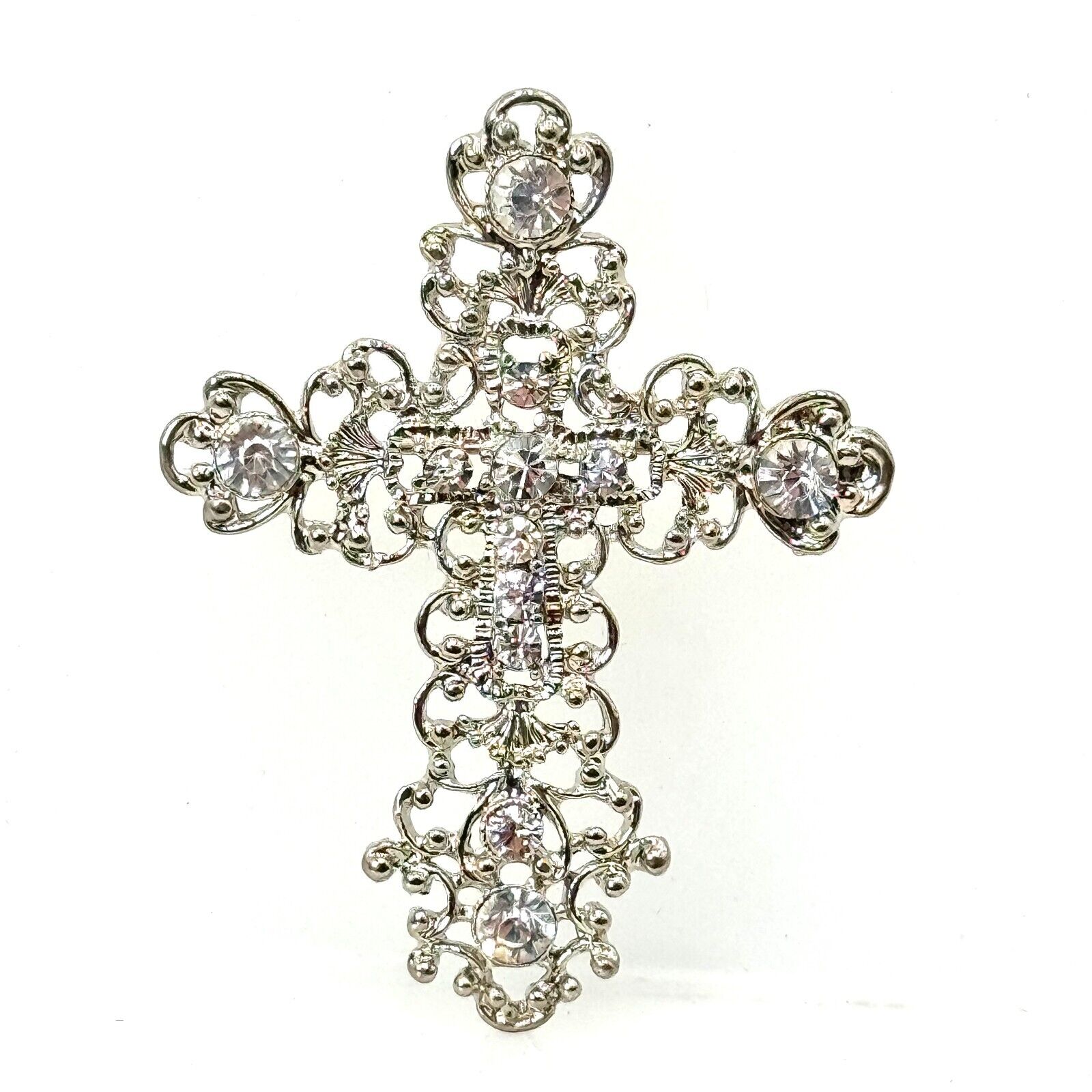 Catholic Christian Cross Crucifix  Italian Crystal Inlaid Silver Brooch Pin New