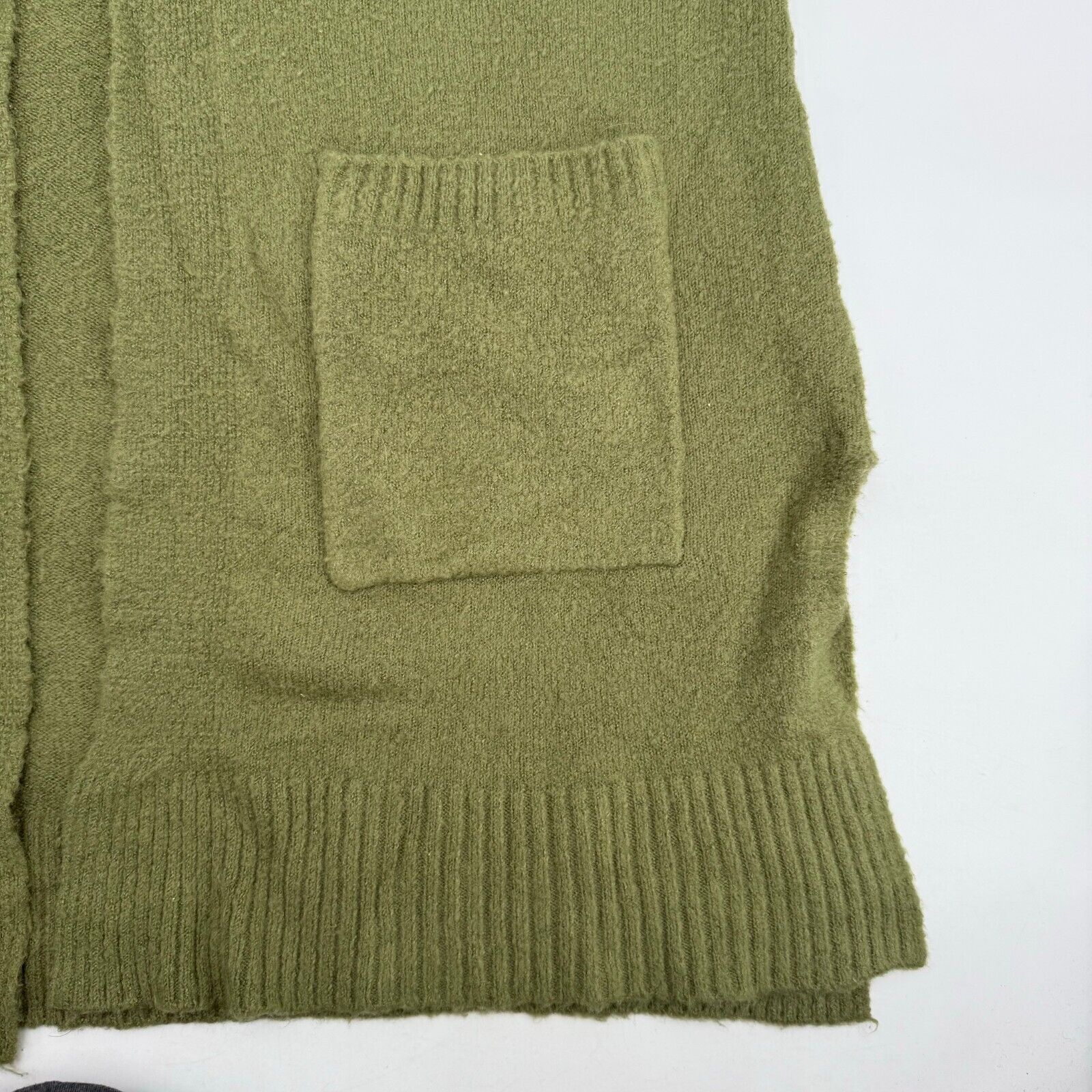 Olive Green Knit Cardigan Open Sweater Pockets Long Split Sides Womens Size S