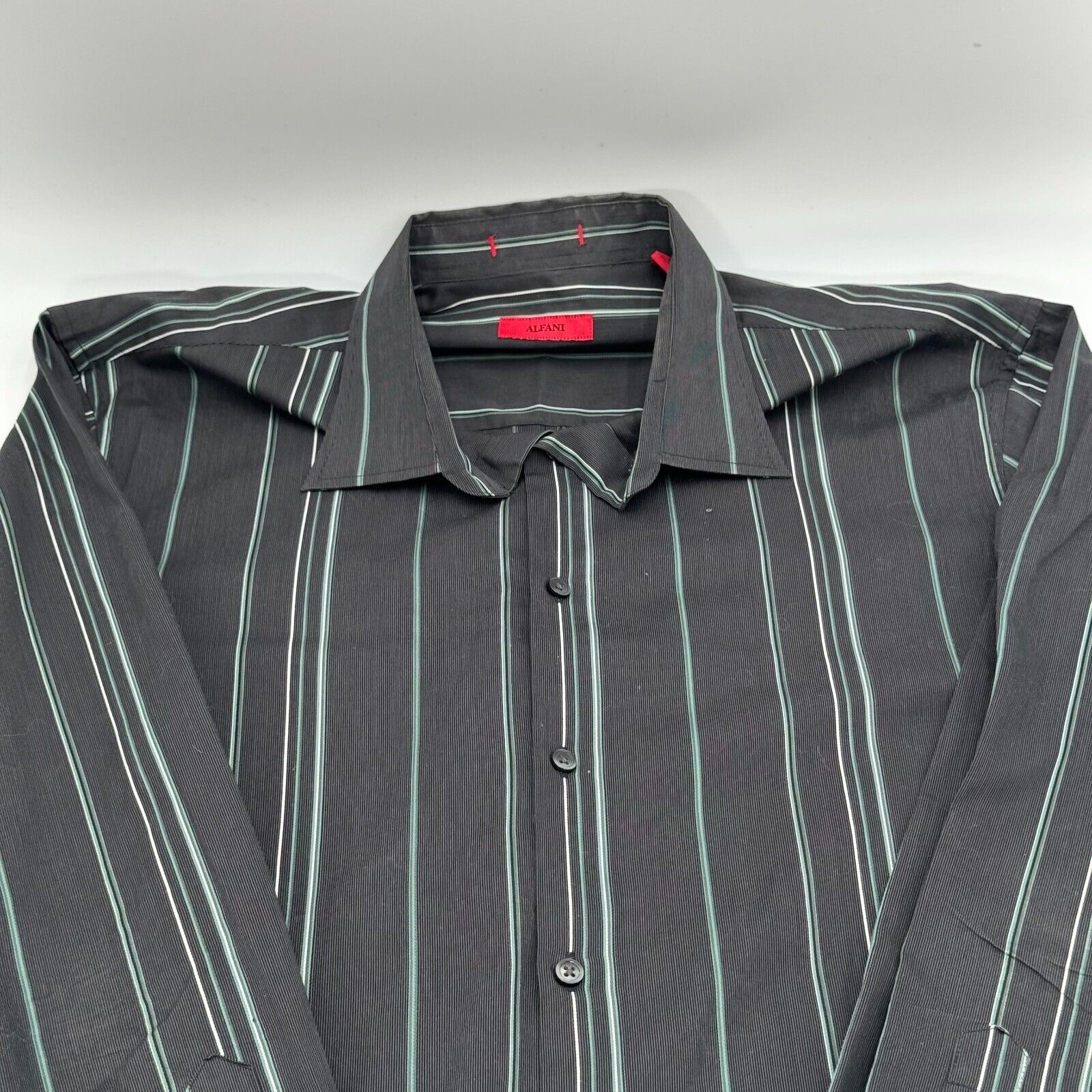 Alfani Gray Mens Classic Long Sleeve Button Up Shirt Green Stripes Size XL