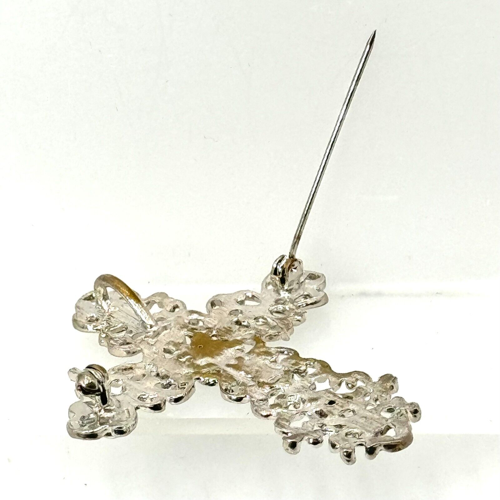 Catholic Christian Cross Crucifix  Italian Crystal Inlaid Silver Brooch Pin New