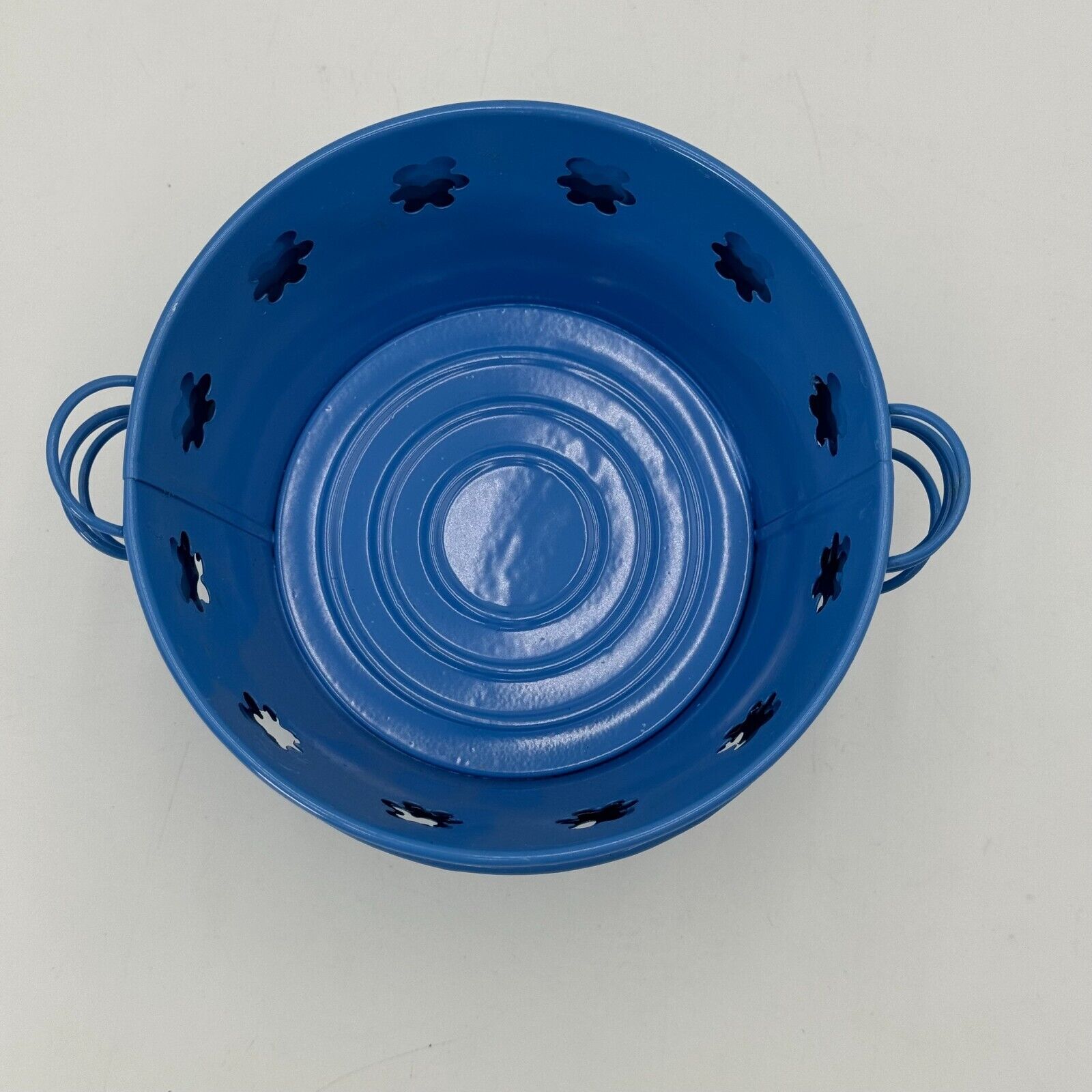 Set of 4 Matching Flower Pattern Pit Tin Blue Mini Bucket with Handles