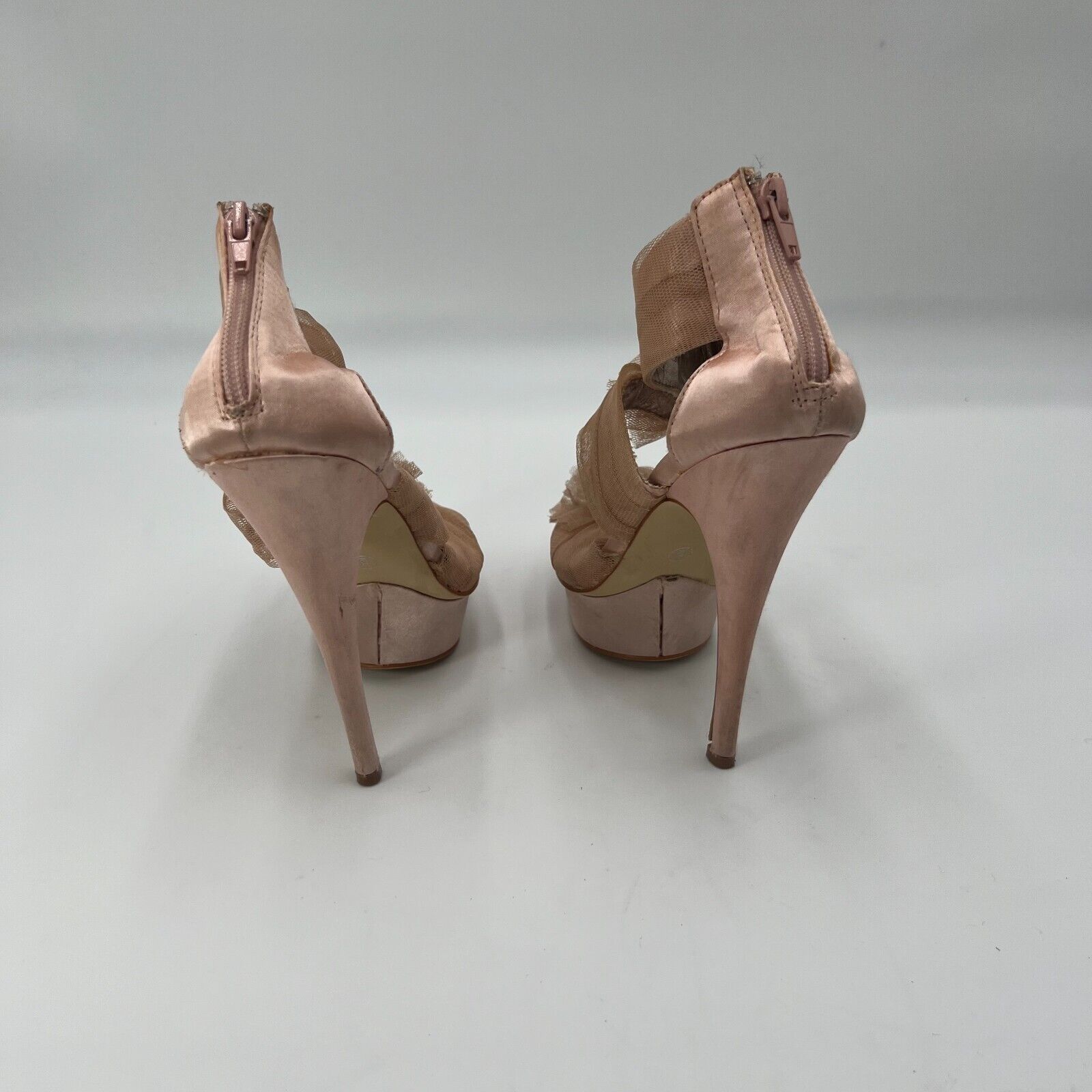 Charlotte Russe Tutu Stiletto Peep Toe Pink Mesh Platform Bow Lace Accent Size 8