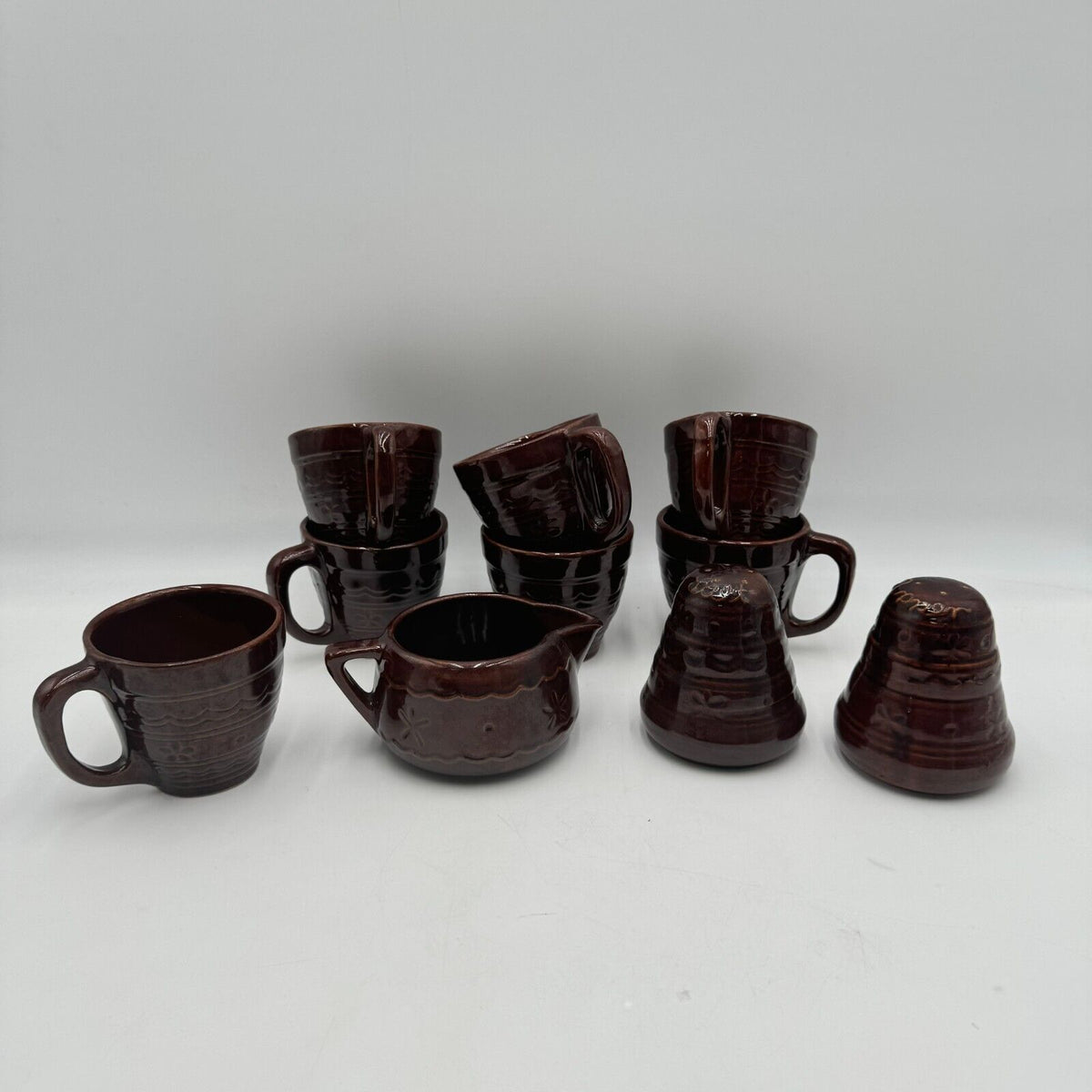 10pc Set Marcrest Daisy Dot Brown Ceramic Creamer Salt Pepper Shaker Coffee Mug
