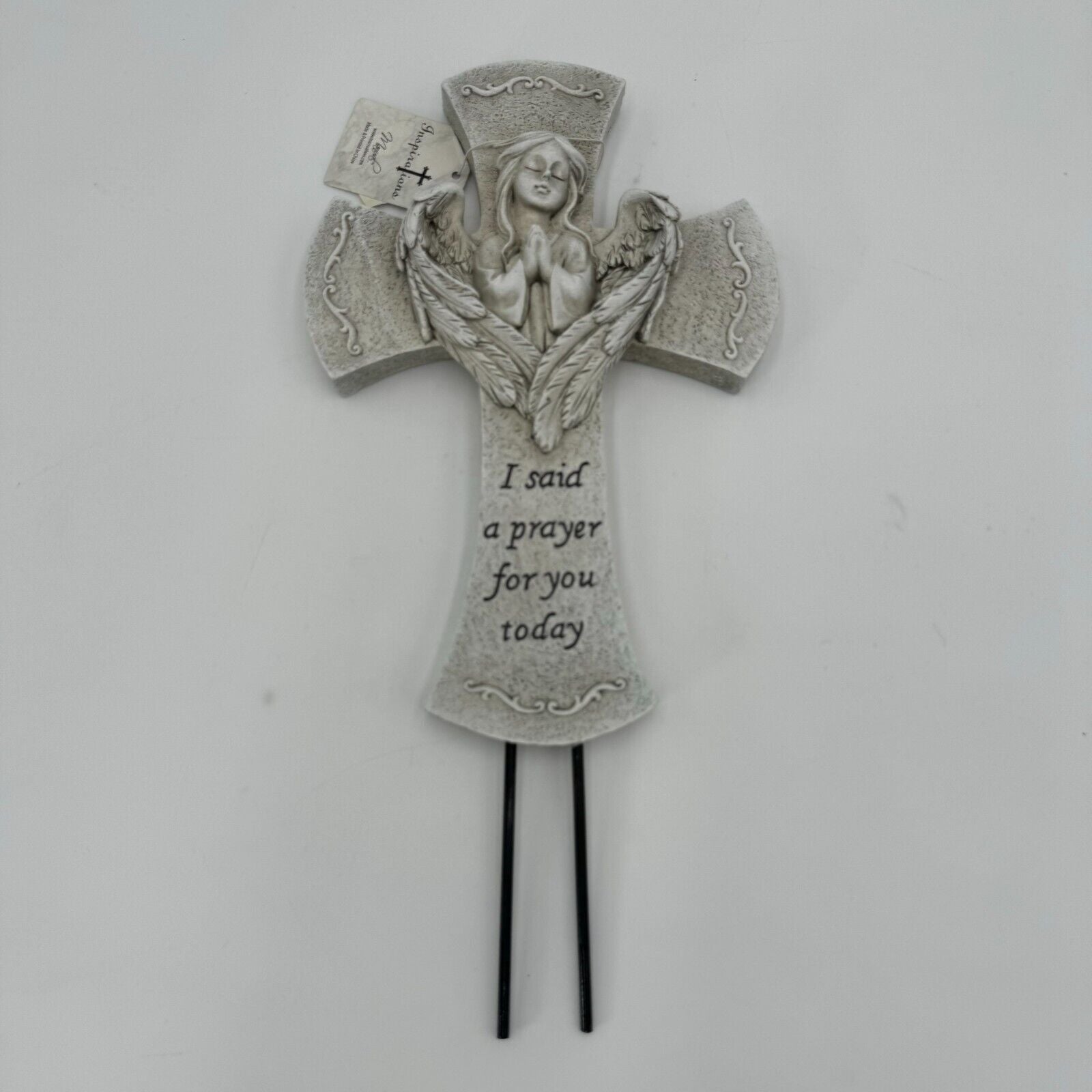 Angelic 10in Cross Gray Black Prayer Carved Angel 3in Metal Stakes Art Decor