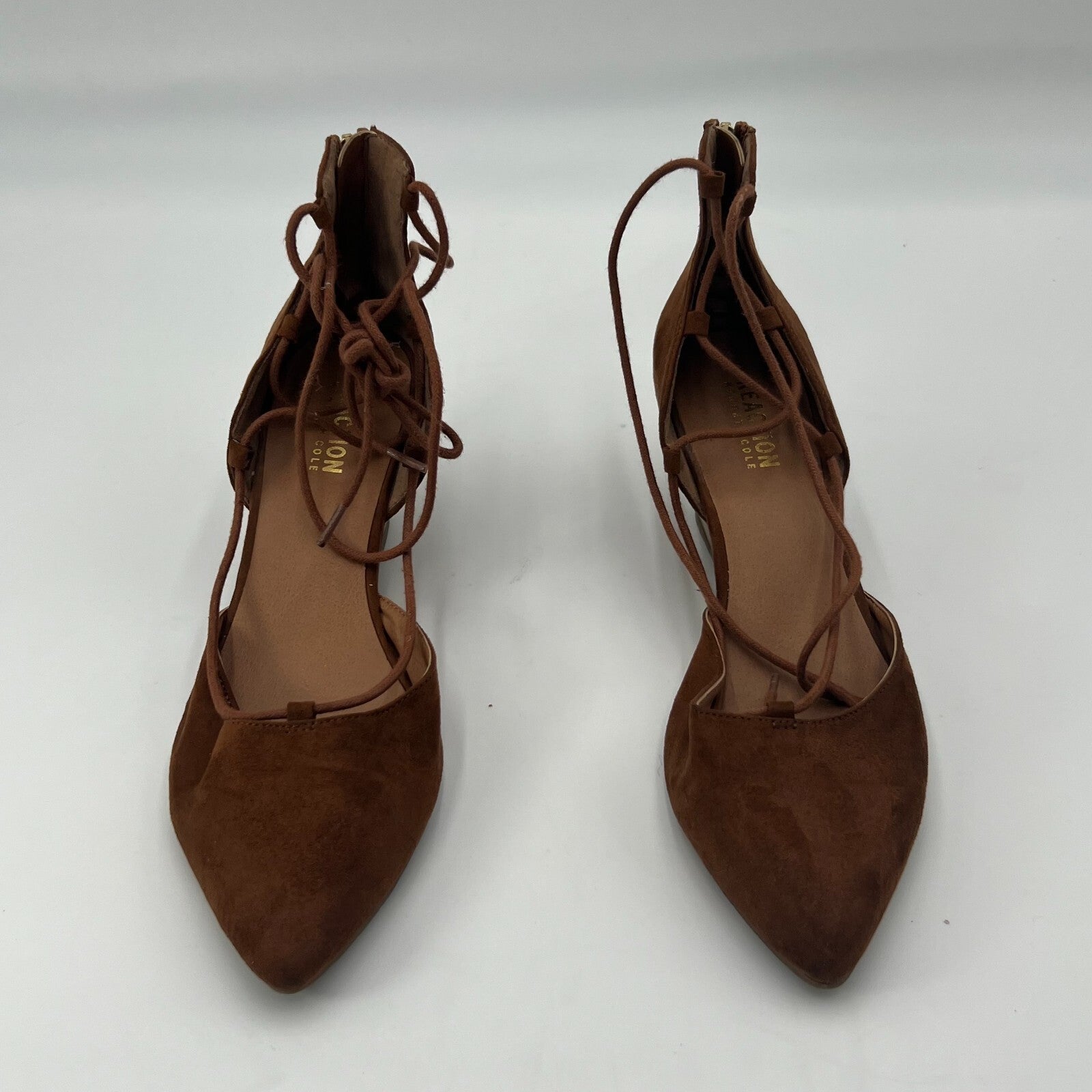 Kenneth Cole Faux Suede Pointed Toe Wedge Zipper Stand Down Pump Brown Size 8