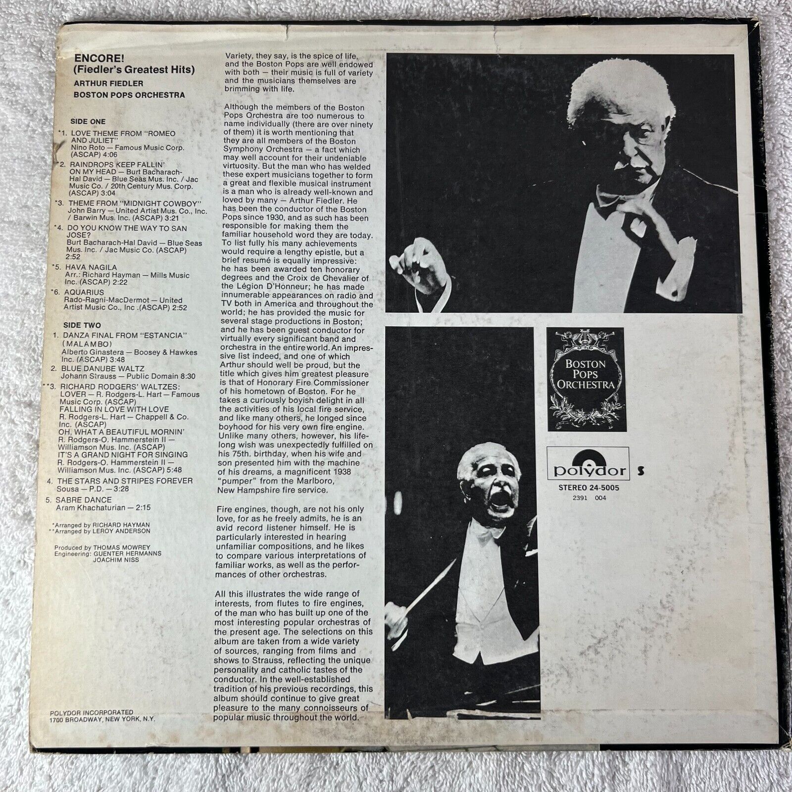 Arthur Fiedler Boston Pops Encore Fiedler's Greatest Hits LP Vinyl 1971 24-5005