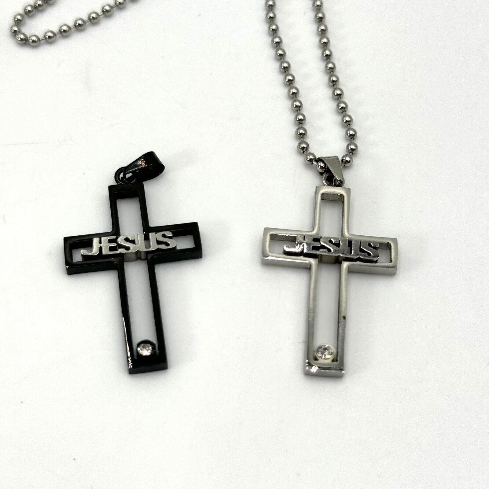 2 Jesus Cut Out Cross Black & Silver Pendant Diamond Gem 22" Chain Christian NEW