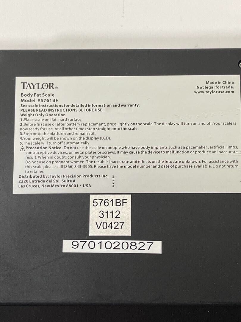 Taylor Body Fat Digital Scale LCD Display Black Model #:  5761BF