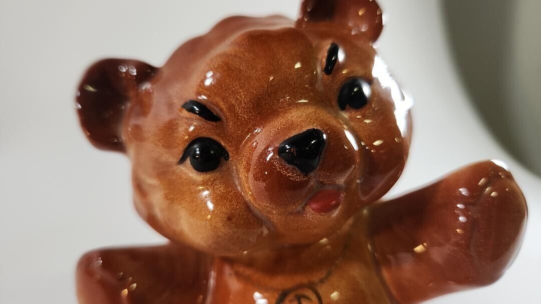 Intricate Ceramic "J" Painted Necklace High Gloss Silly Brown Bear Figurine
