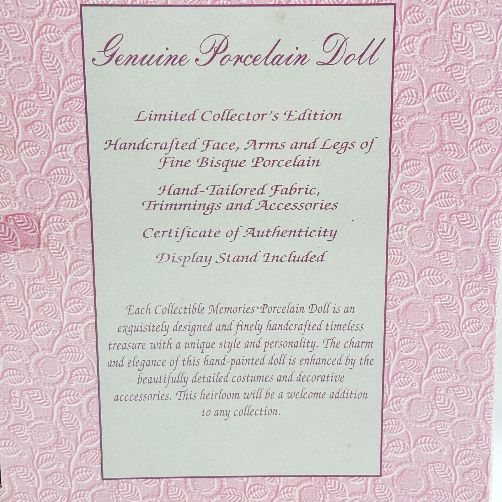 Rare Handcrafted Porcelain Doll Collectible Memories New In Box Unopened