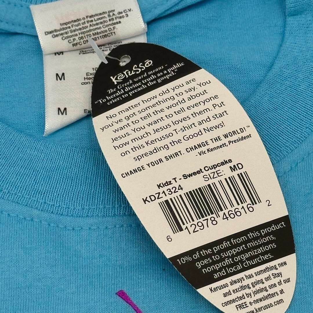 Kerusso Kids Medium Blue Printed Cupcake & Bible Christian Verse T-Shirts NWT