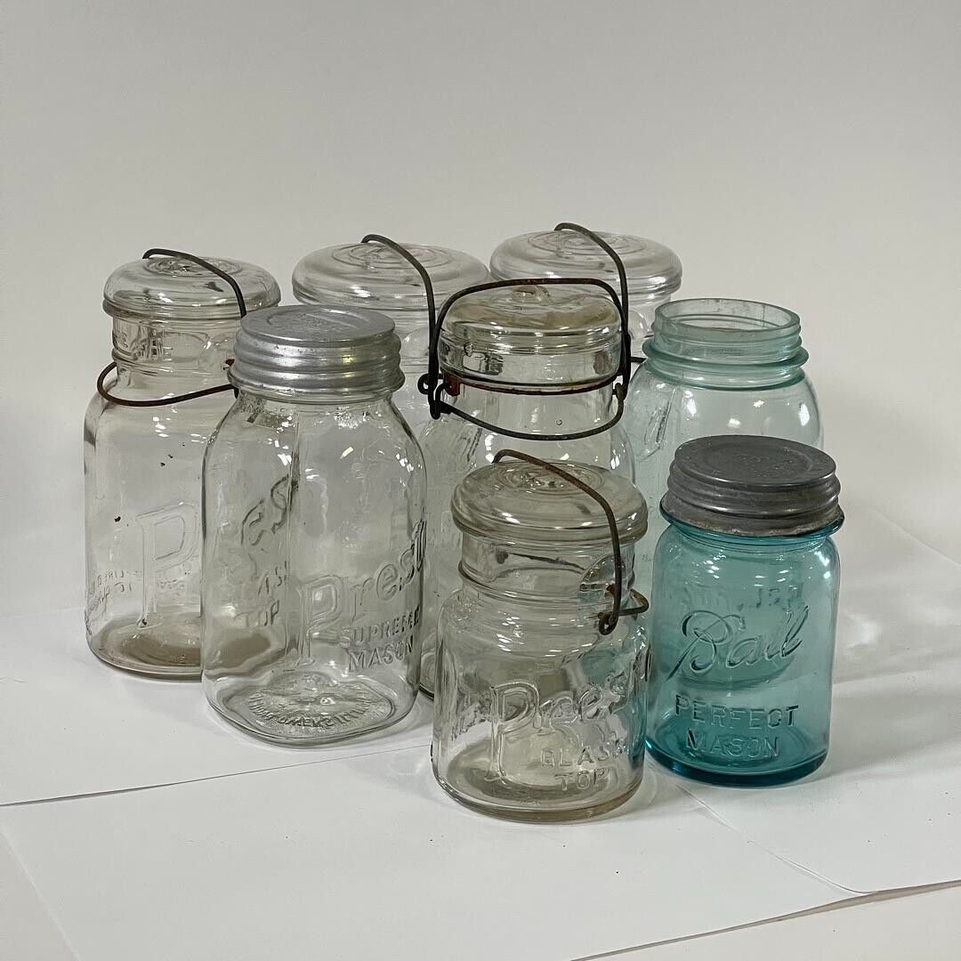 Vintage Lot of 8  Assorted Brands & Glass Mason Jars Decor Storage Organizer