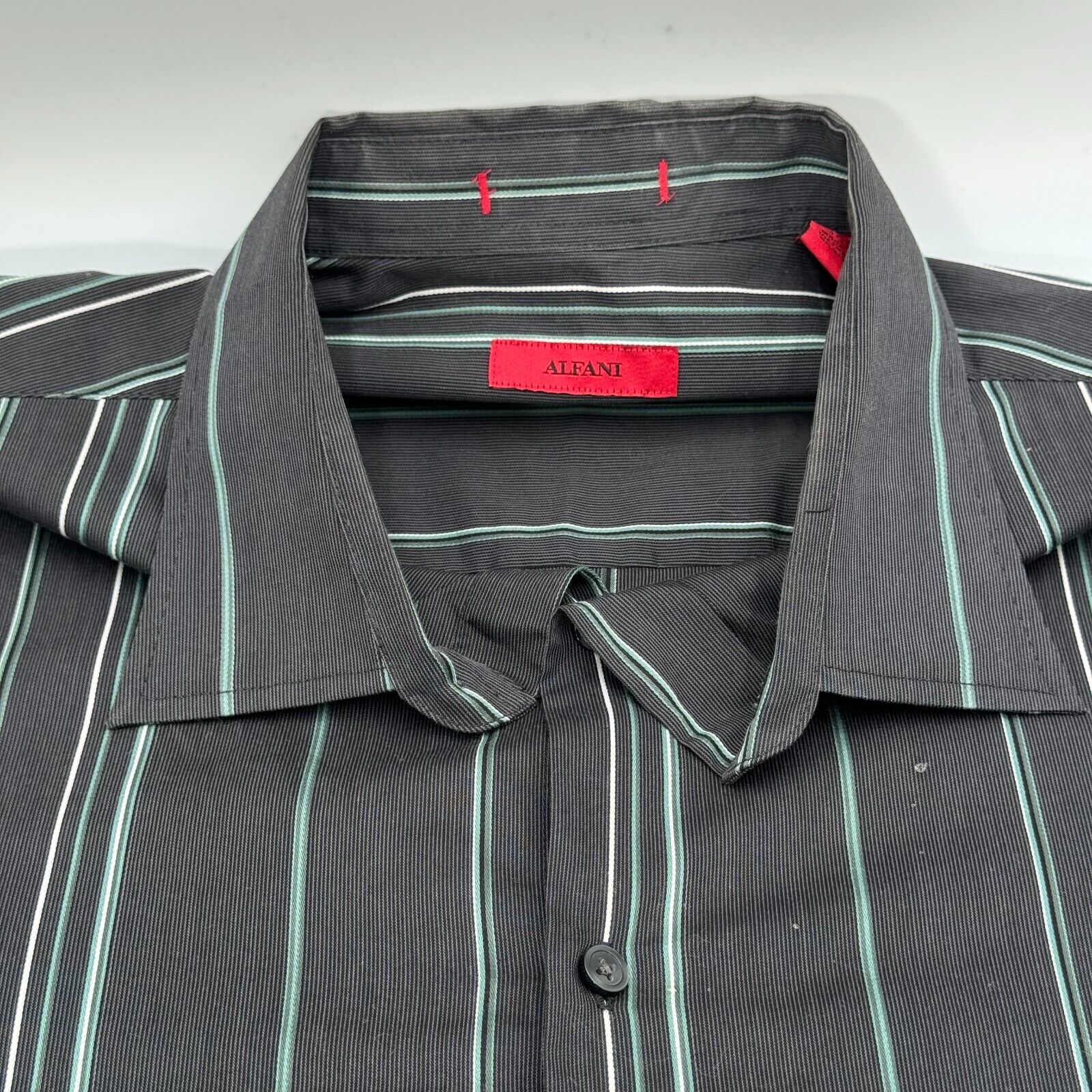 Alfani Gray Mens Classic Long Sleeve Button Up Shirt Green Stripes Size XL