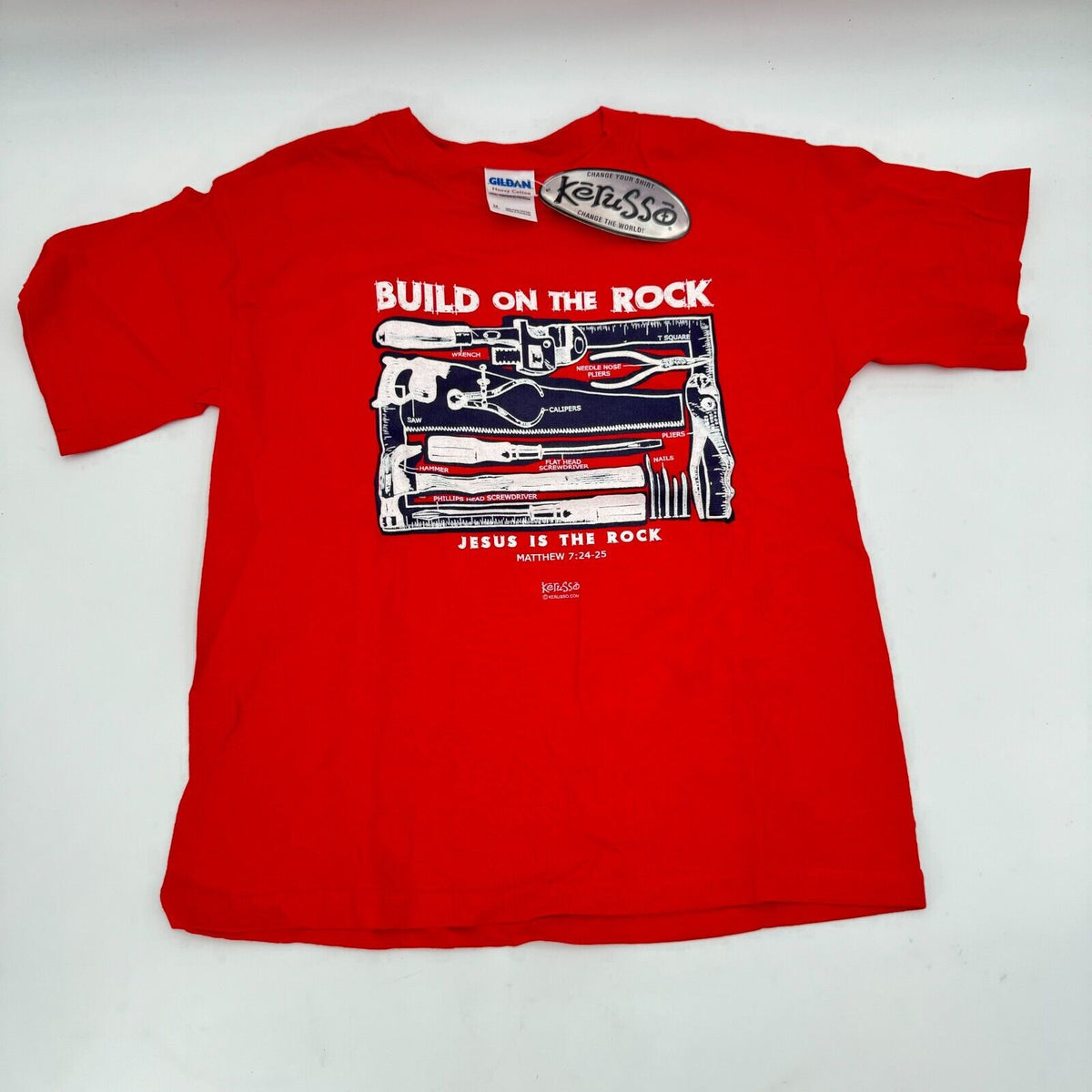 Kerusso Boys Crewneck Tshirt Printed Verse Mathew 7, 24-25 Christian Red Size M