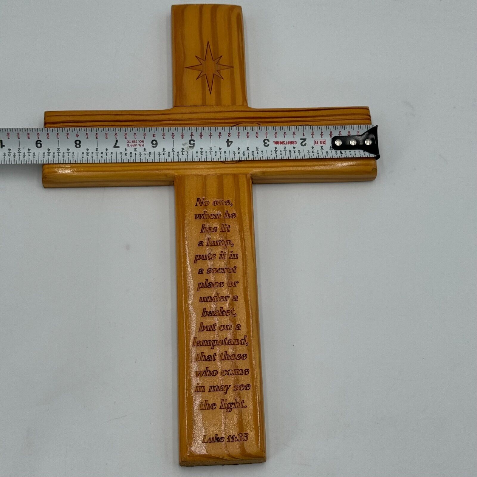 Handmade Bible Verse Luke 11:33 Carved Solid Wood Cross Christian Wall Decor