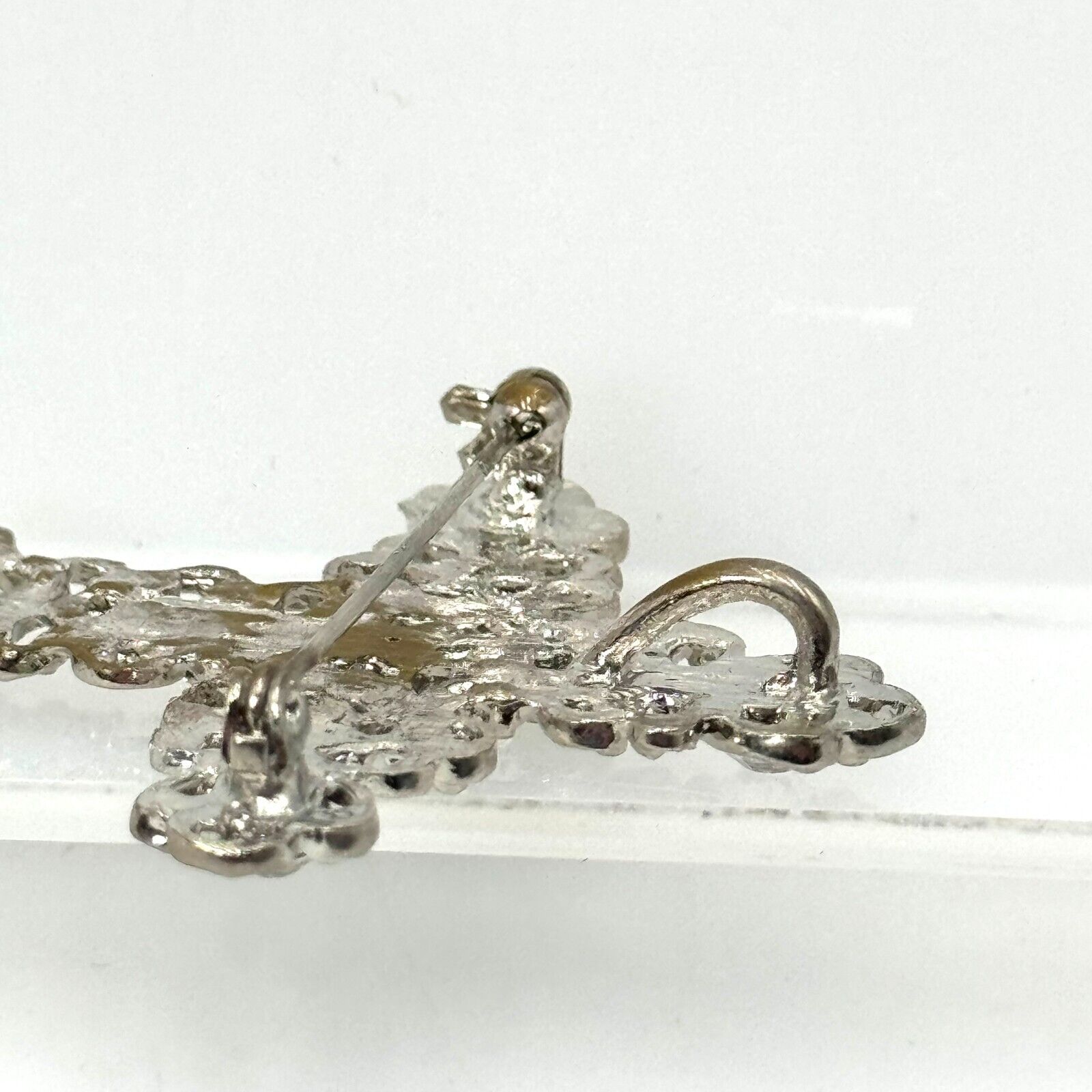 Catholic Christian Cross Crucifix  Italian Crystal Inlaid Silver Brooch Pin New