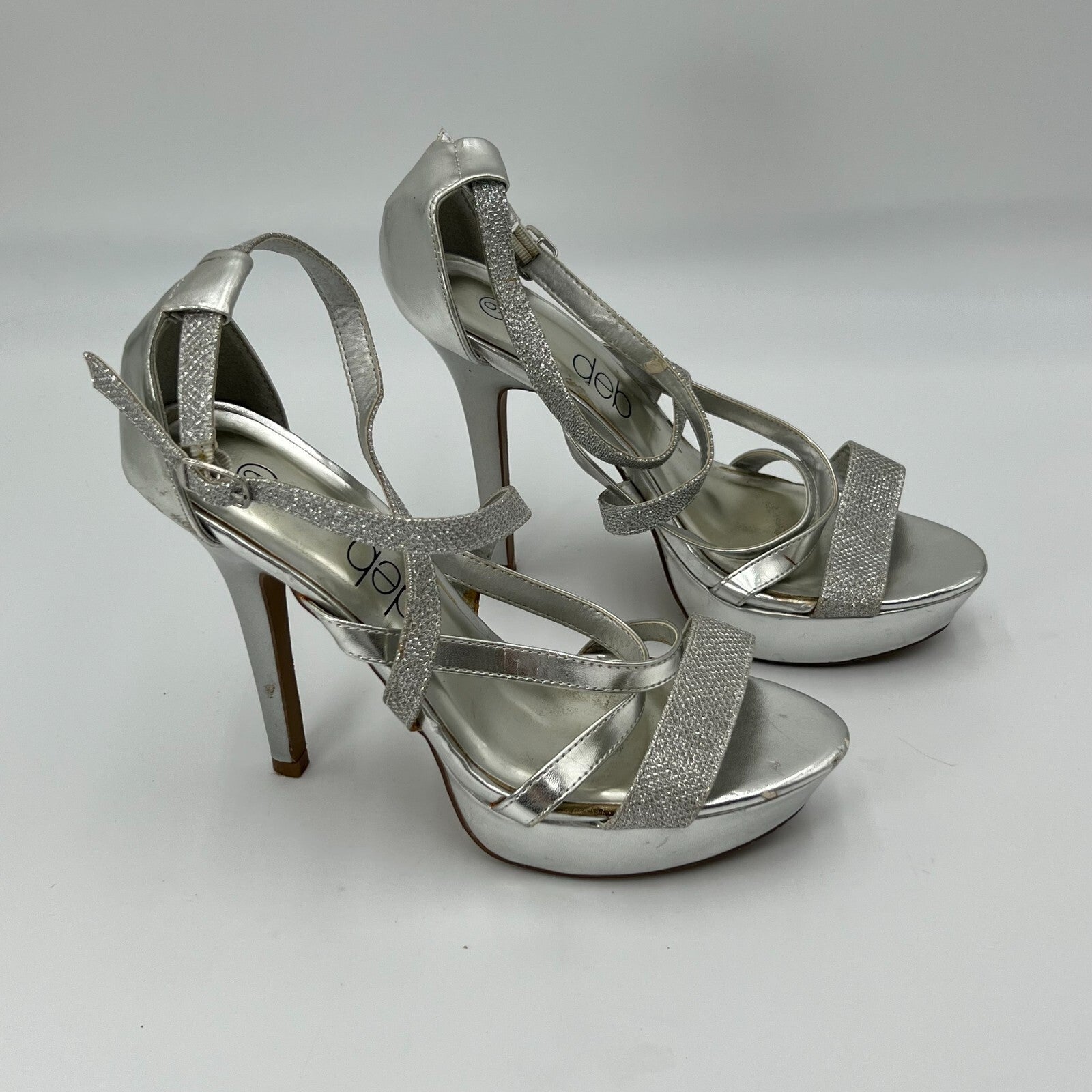 Deb Silver Glittering Jewels Adjustable Buckle Stilleto Peep Toe High Heels Sz 9