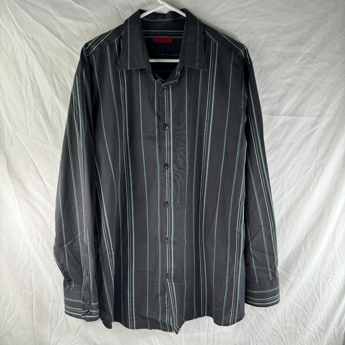 Alfani Gray Mens Classic Long Sleeve Button Up Shirt Green Stripes Size XL