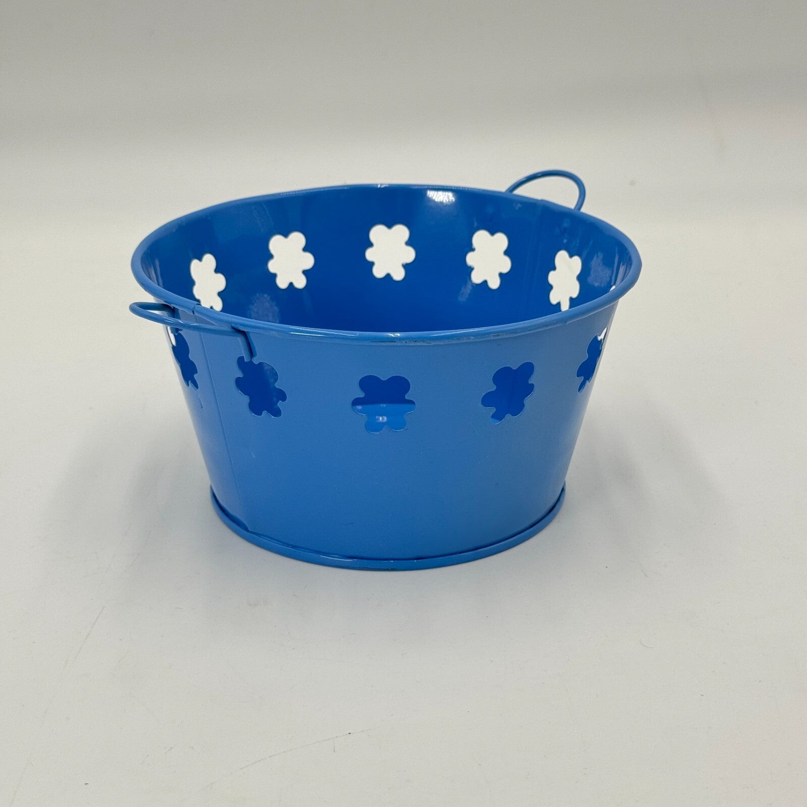 Set of 4 Matching Flower Pattern Pit Tin Blue Mini Bucket with Handles