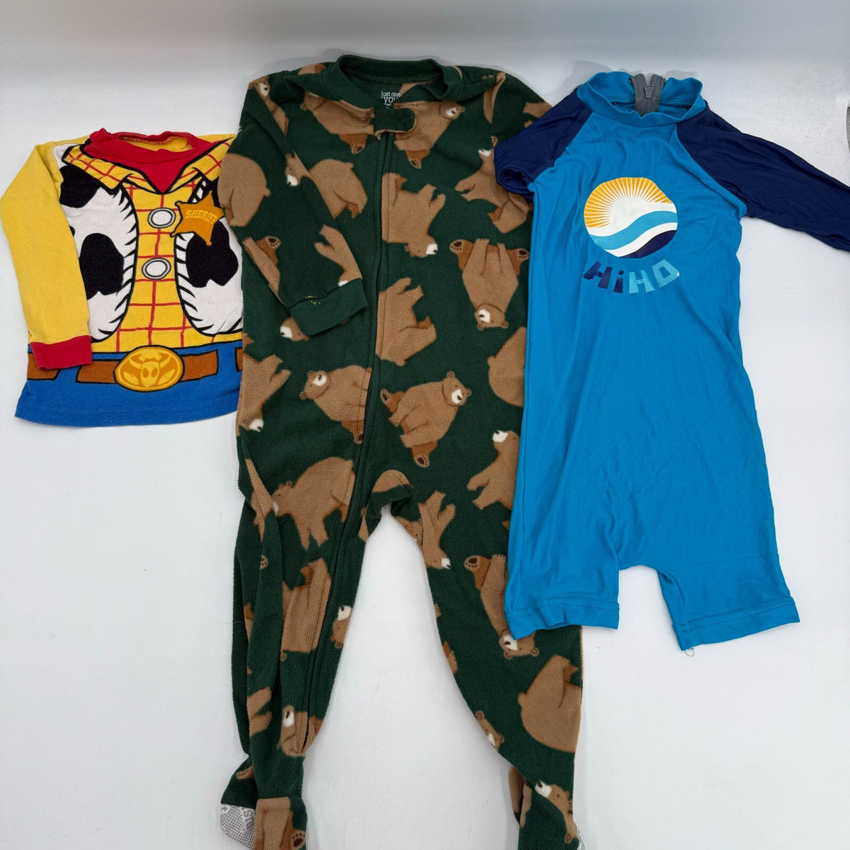Lot of 3 Size 4T Toddler Pajamas Green Bear Footie Zip Blue Jumper Disney Woody