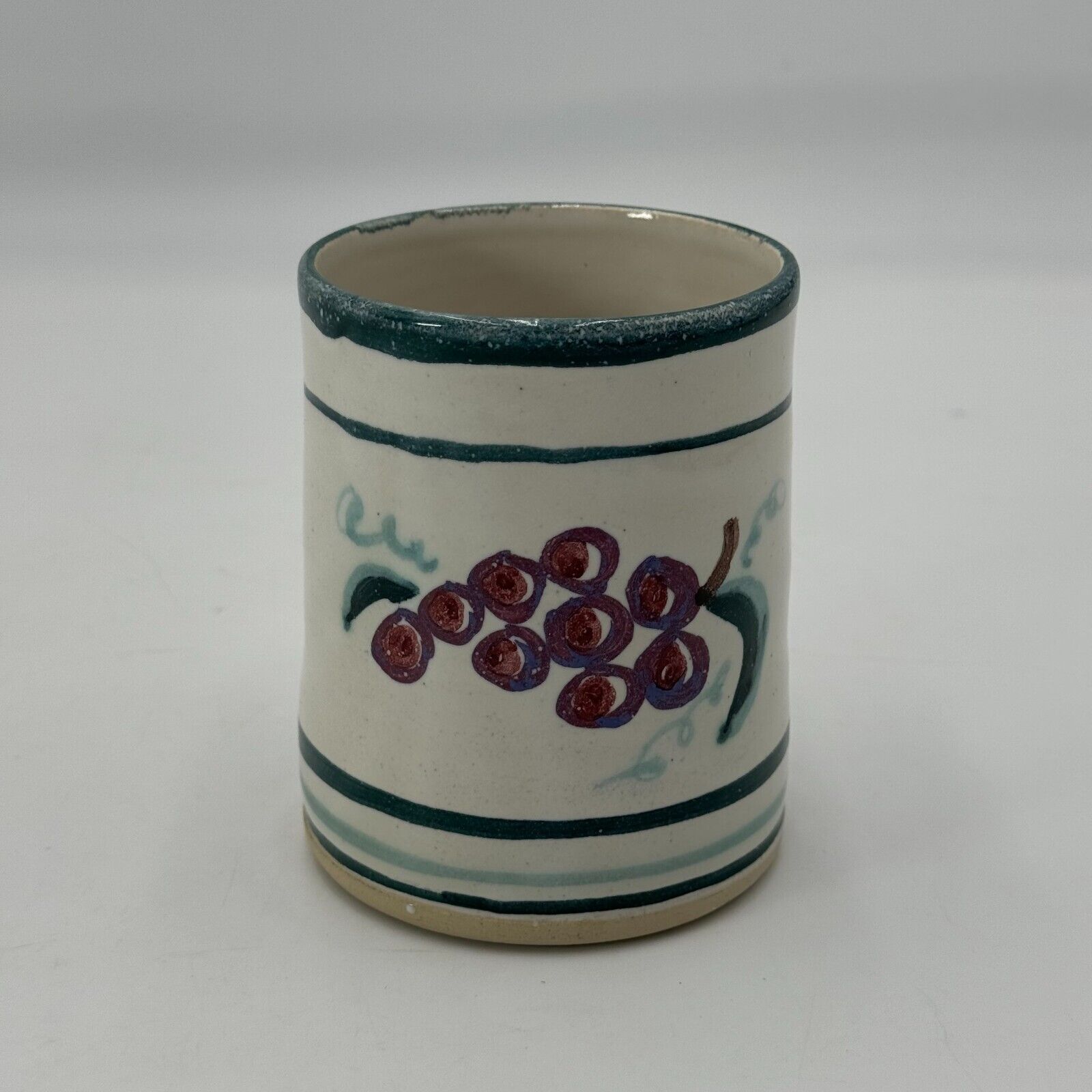 Unique Ceramic Jar With Butter Bell Lid Painted Green Stripes & Red Grapes RARE