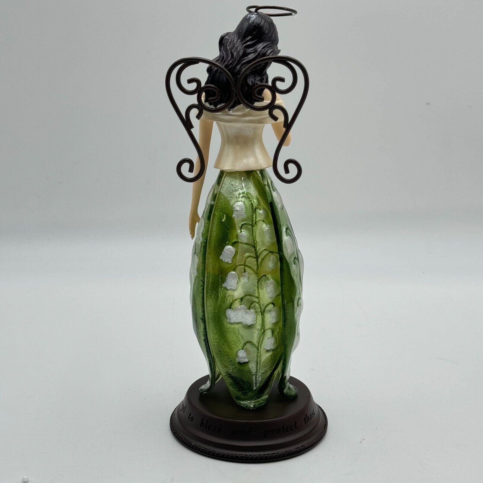 July Born 11in Glass Angel Figurine Flower Metal Stand Engraved Bless NIB