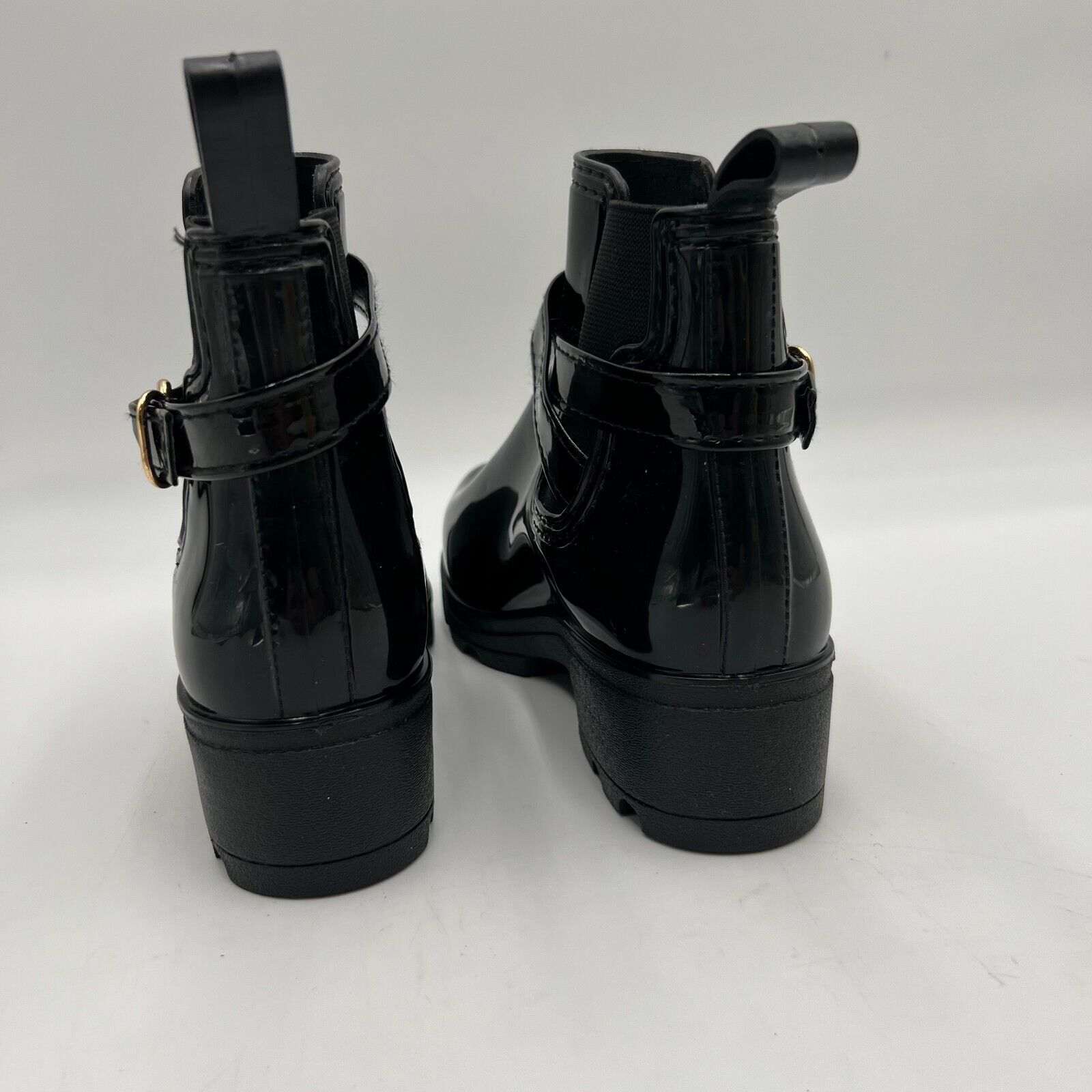 Women’s Non-Slip Black Platform Style Ankle Rain Boots Buckle Trendy Size 8/XL