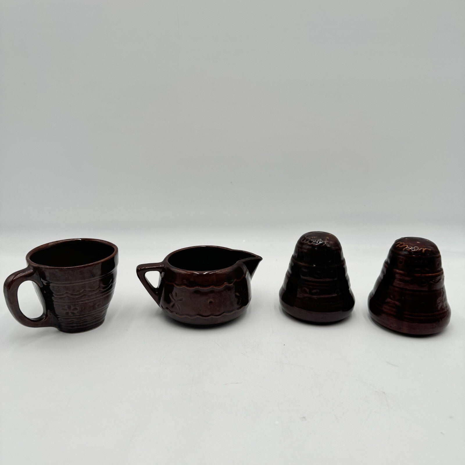 10pc Set Marcrest Daisy Dot Brown Ceramic Creamer Salt Pepper Shaker Coffee Mug