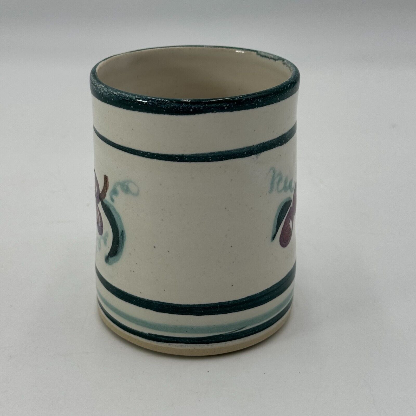 Unique Ceramic Jar With Butter Bell Lid Painted Green Stripes & Red Grapes RARE