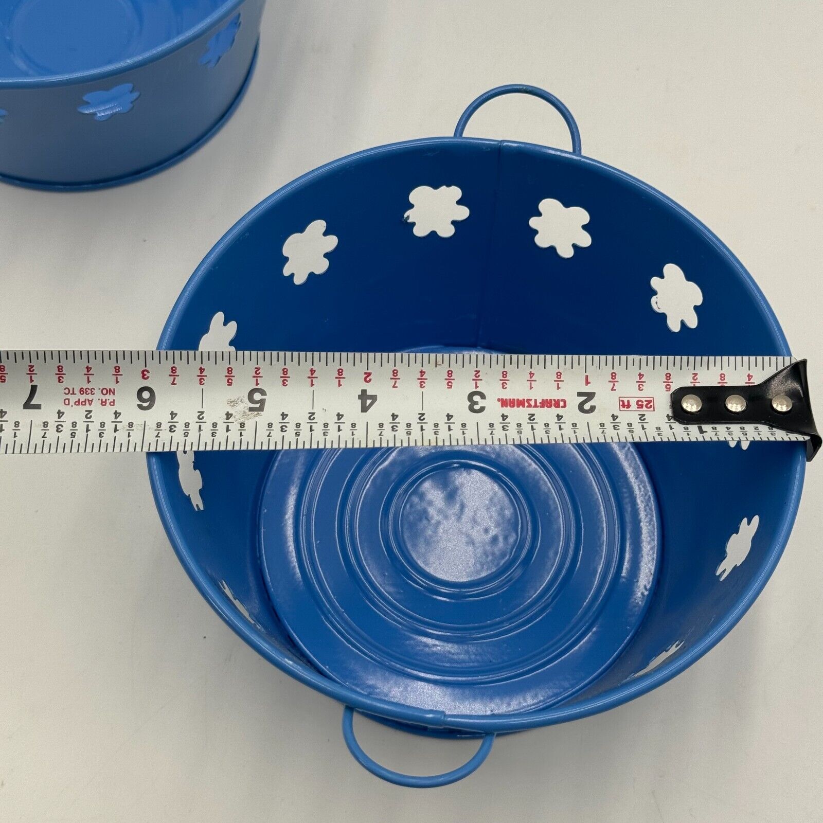 Set of 4 Matching Flower Pattern Pit Tin Blue Mini Bucket with Handles