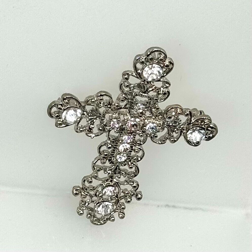 Catholic Christian Cross Crucifix  Italian Crystal Inlaid Silver Brooch Pin New