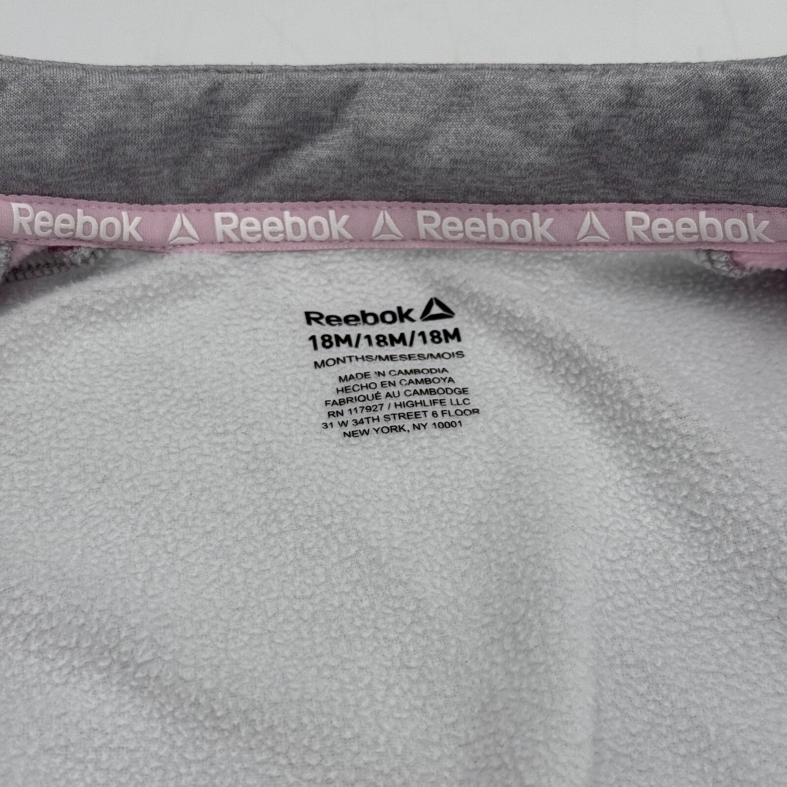 Reebok Girl’s 18mo Infant Full Zip Jacket Grey Pink Long Sleeve Child 18 Months
