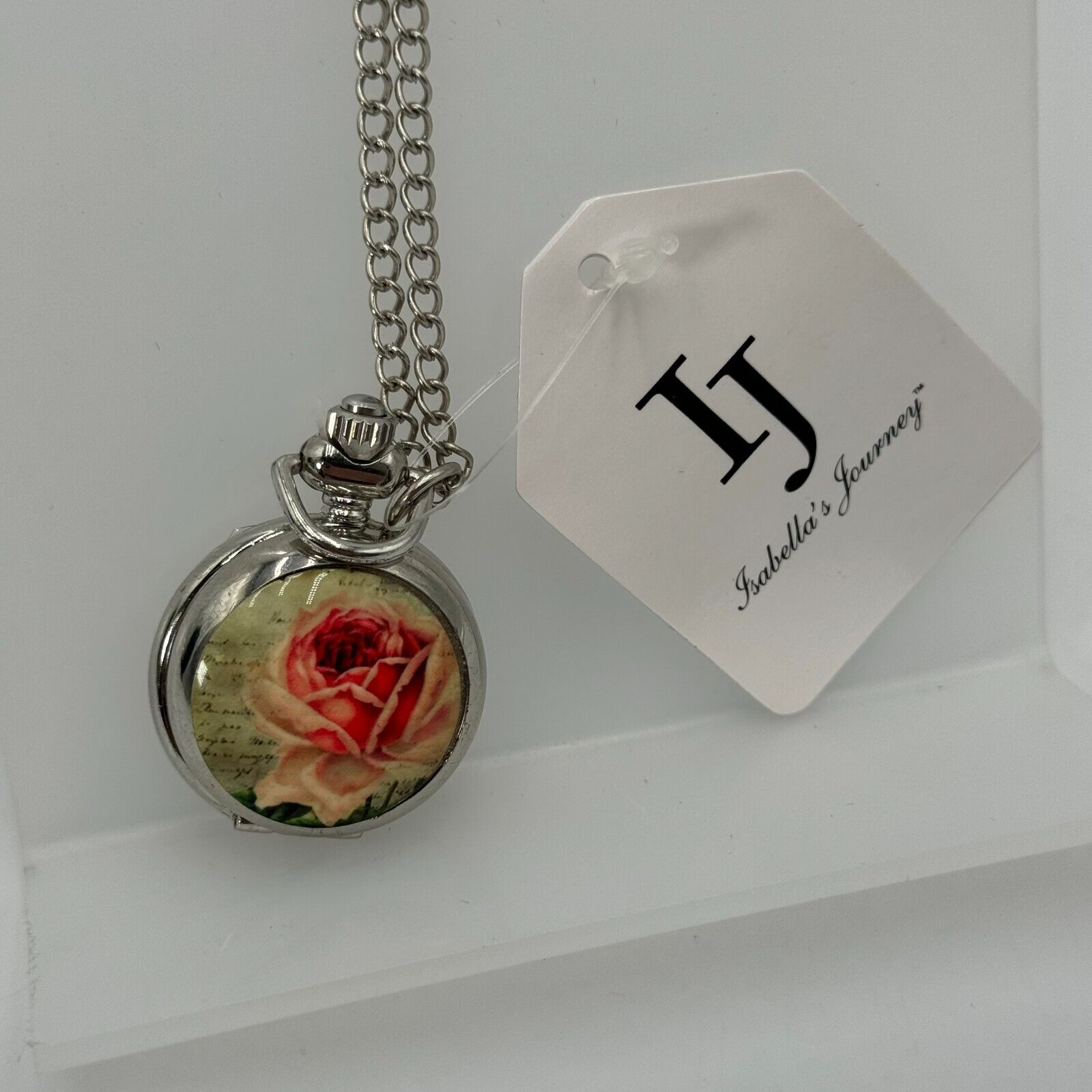 Isabellas Journey Silver Pocket Watch Necklace 28in Adjustable Chain Rose Christ