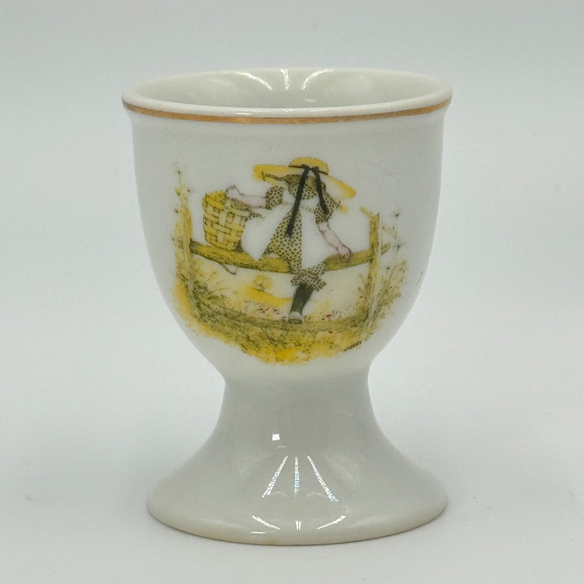 Vintage Gilded Gold Rimmed Porcelain Holly Hobbie Sitting Painted Egg Cup 2.5”